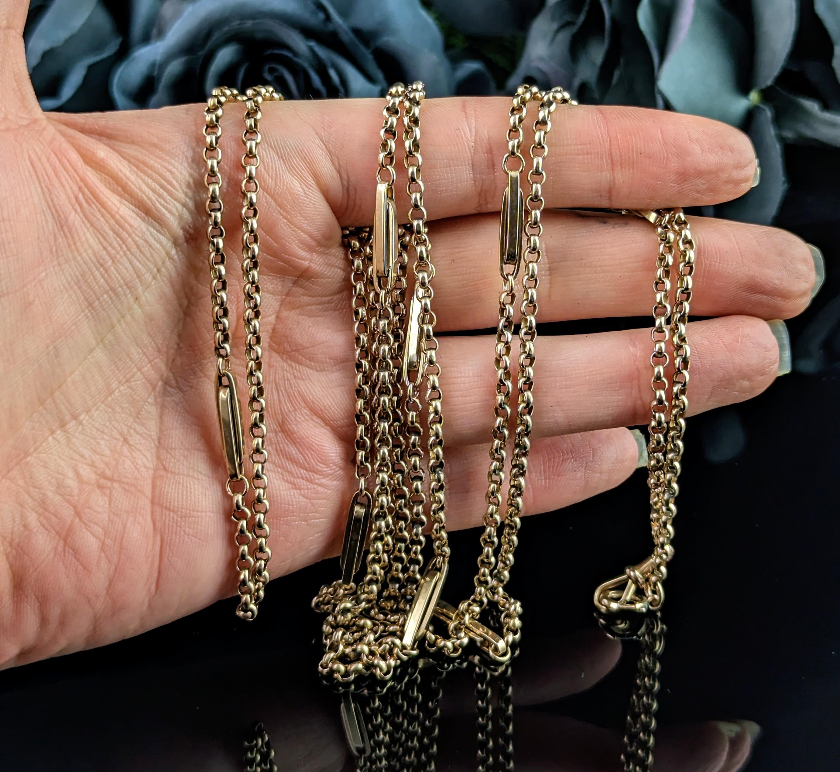 Antique 9 Kt Yellow Gold Fancy Link Long Chain Necklace, Guard Chain, Victorian  For Sale 7