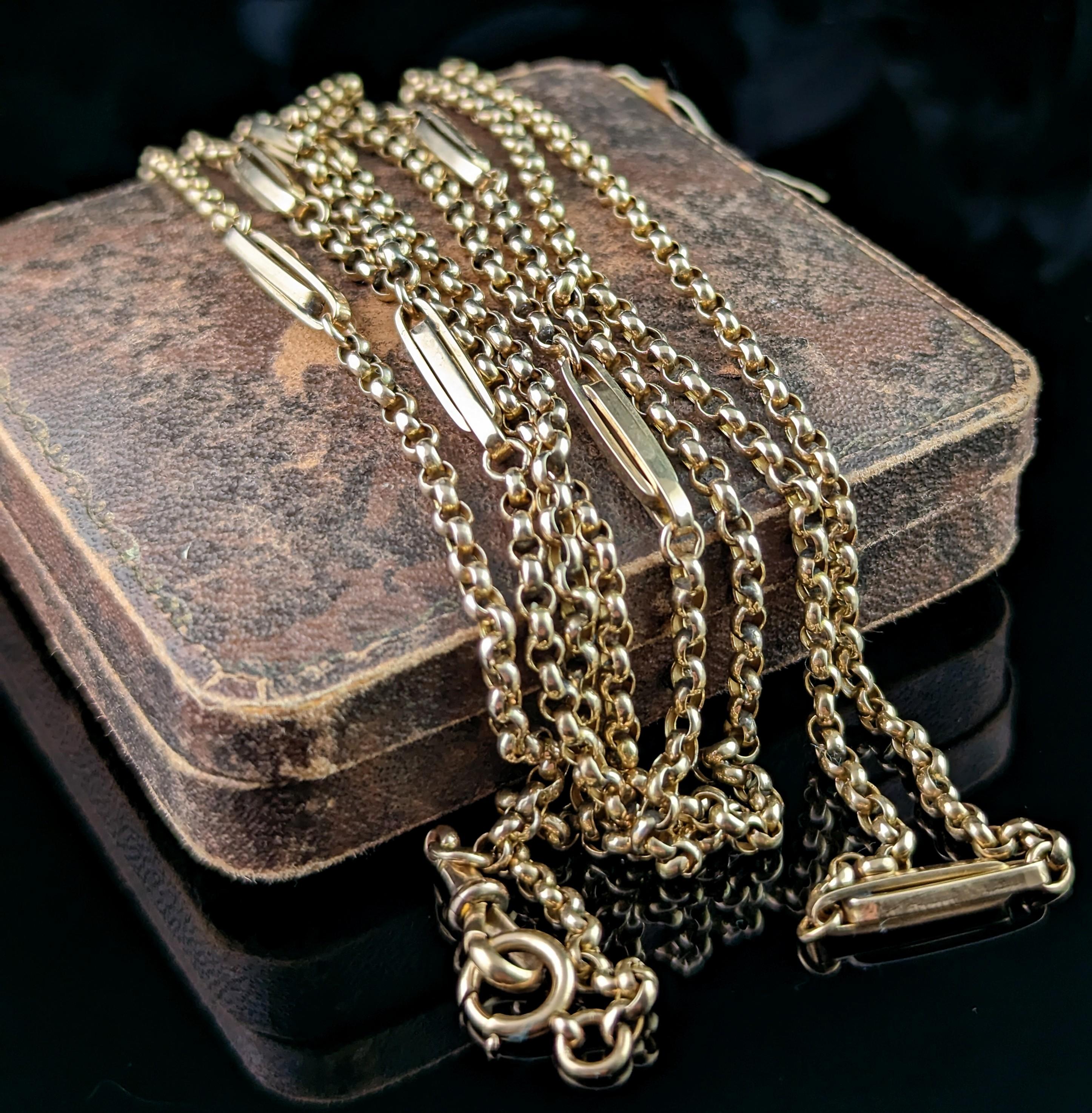 Antike 9 Karat Gelbgold Ausgefallene lange Gliederkette Halskette, Guard Chain, viktorianisch  im Angebot 9