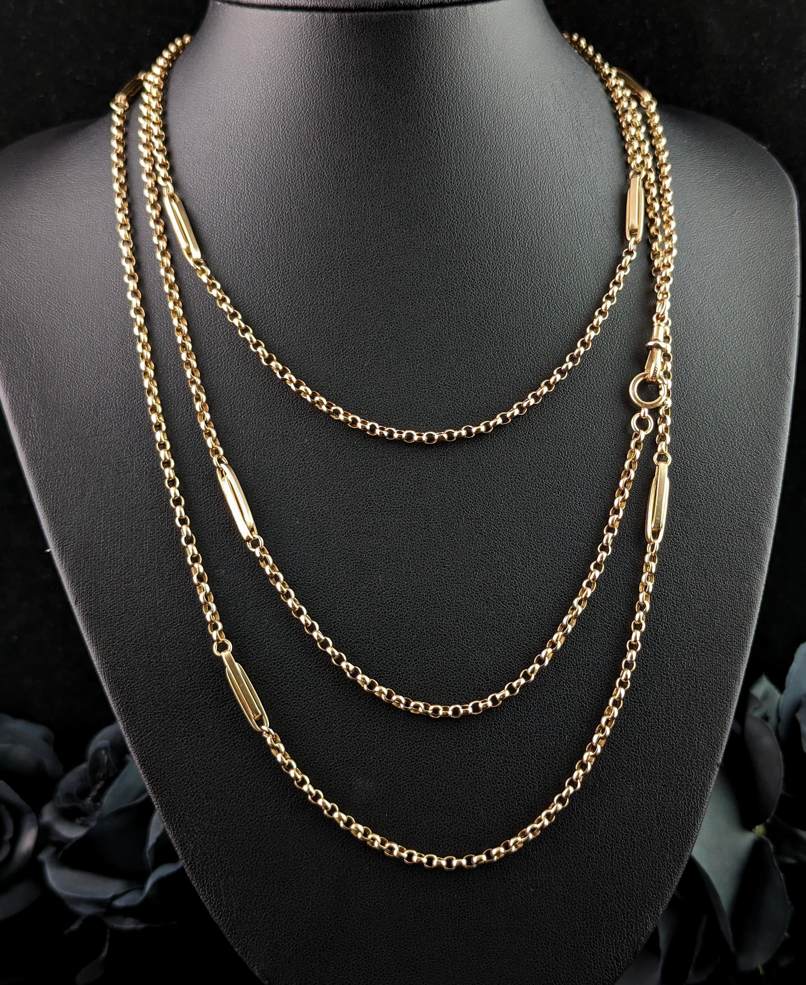 This stunning antique, Victorian 9kt yellow gold, fancy link longuard chain is sure to turn some heads.

We love a good long chain here, such a versatile and wearable piece of jewellery, this one is no exception.

Stunning oval belcher or rolo links