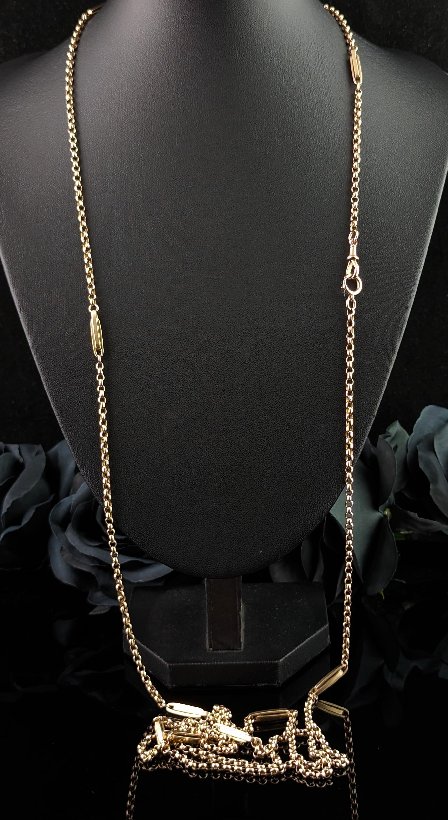 Women's Antique 9 Kt Yellow Gold Fancy Link Long Chain Necklace, Guard Chain, Victorian  For Sale