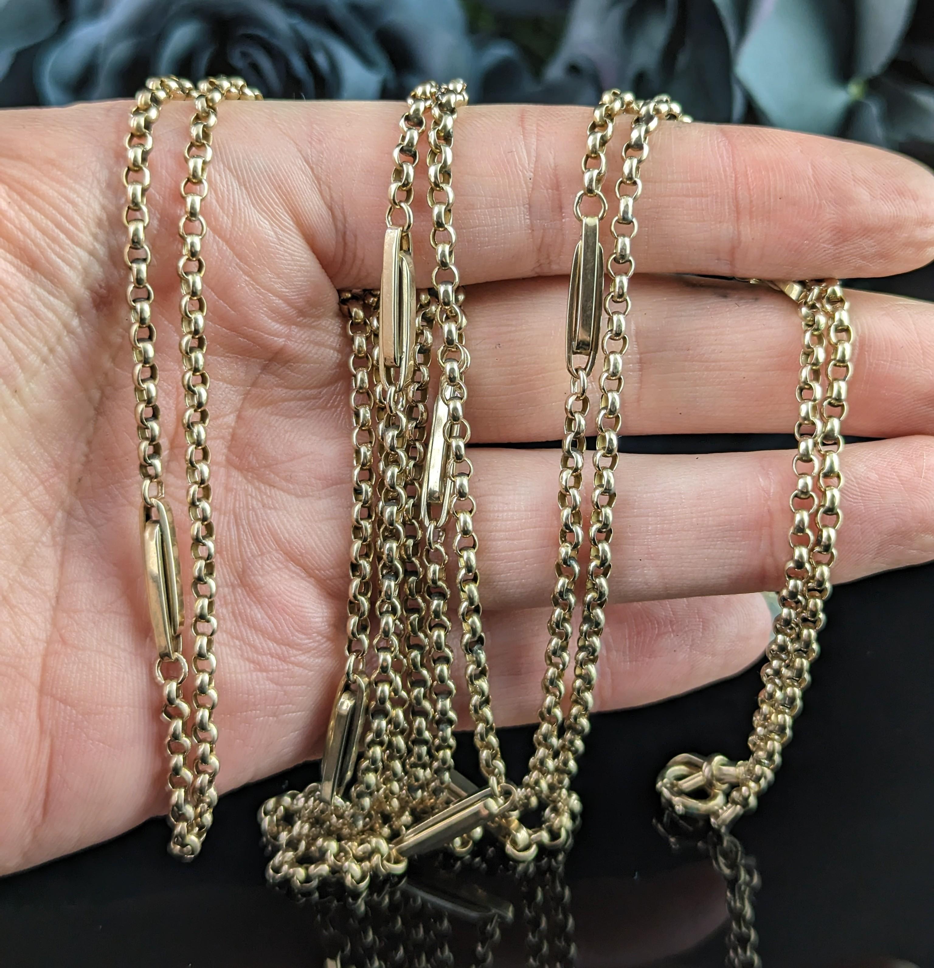 Antike 9 Karat Gelbgold Ausgefallene lange Gliederkette Halskette, Guard Chain, viktorianisch  im Angebot 1