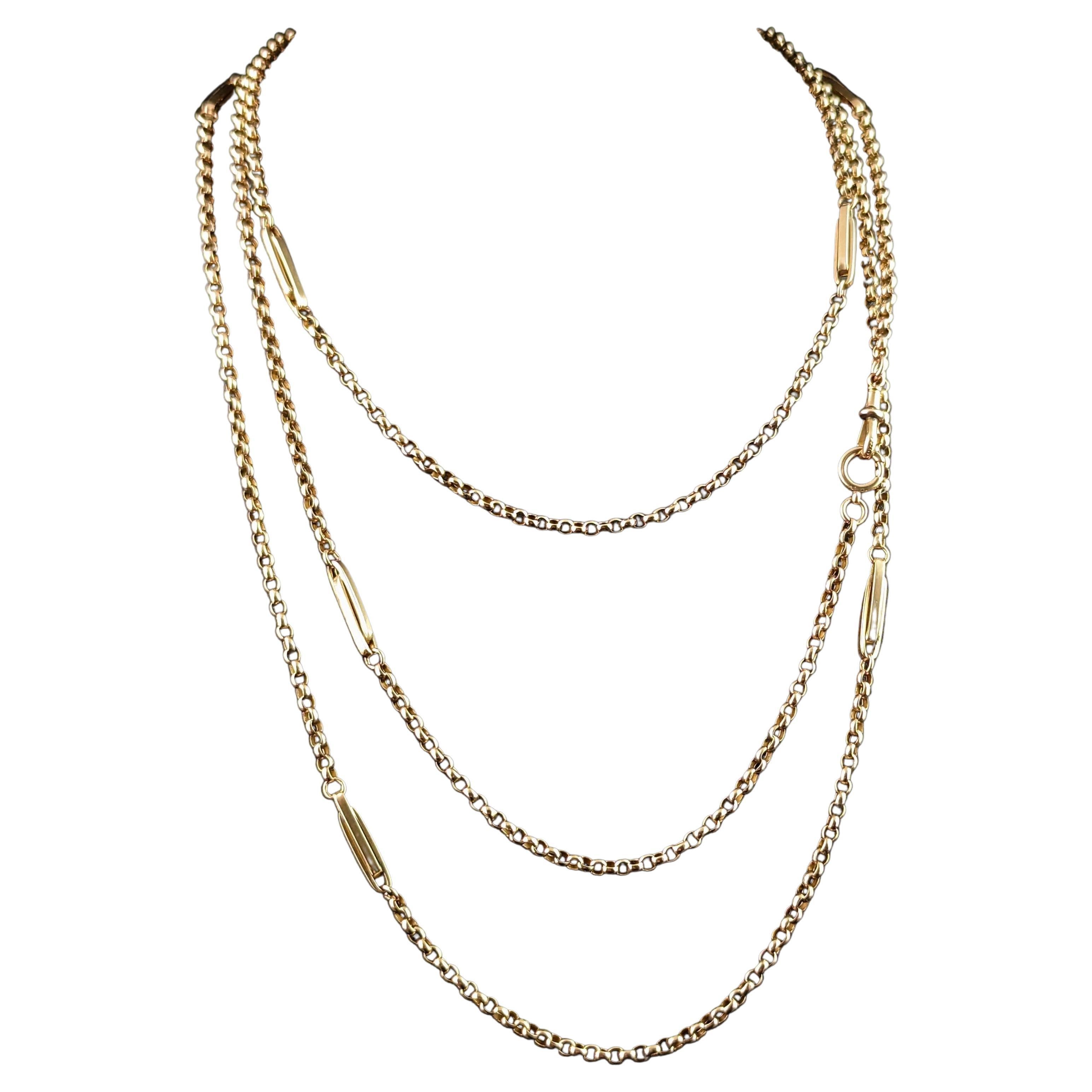 Antike 9 Karat Gelbgold Ausgefallene lange Gliederkette Halskette, Guard Chain, viktorianisch
