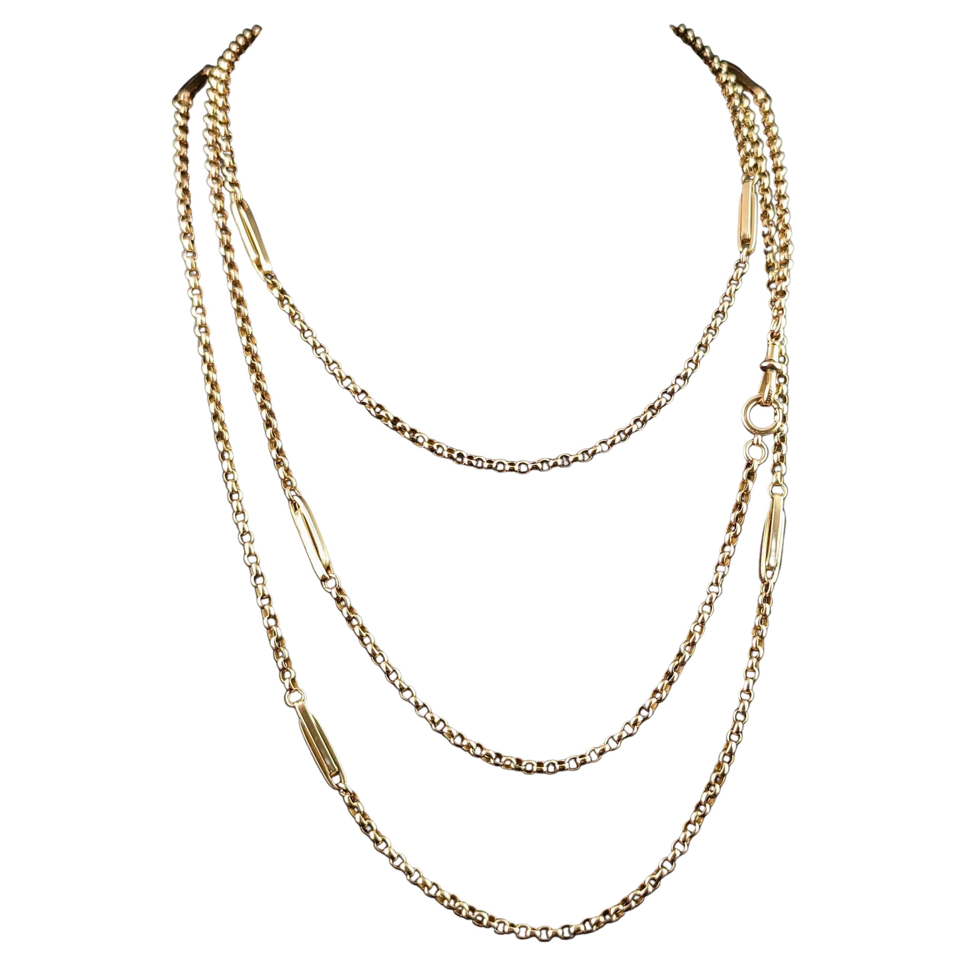 Antike 9 Karat Gelbgold Ausgefallene lange Gliederkette Halskette, Guard Chain, viktorianisch  im Angebot