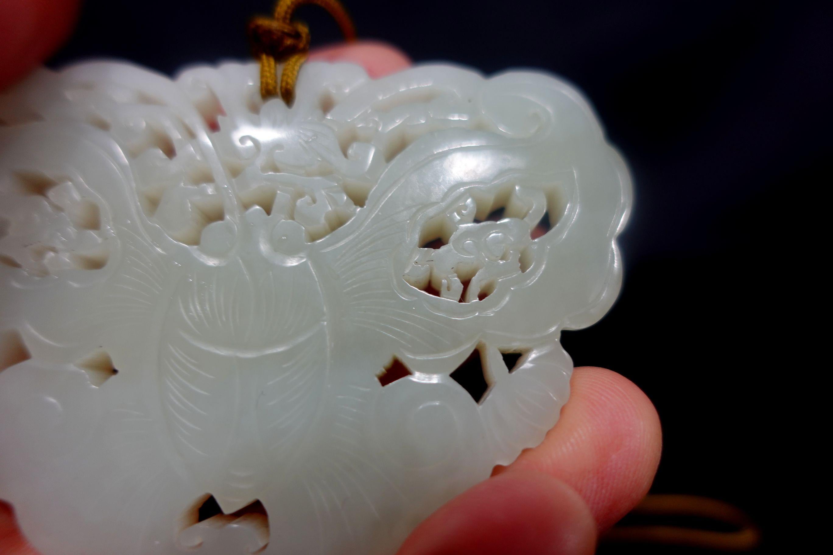 Antique A Chinese Chinese Carved Hetain White Jade Pendant, 19th Century For Sale 5