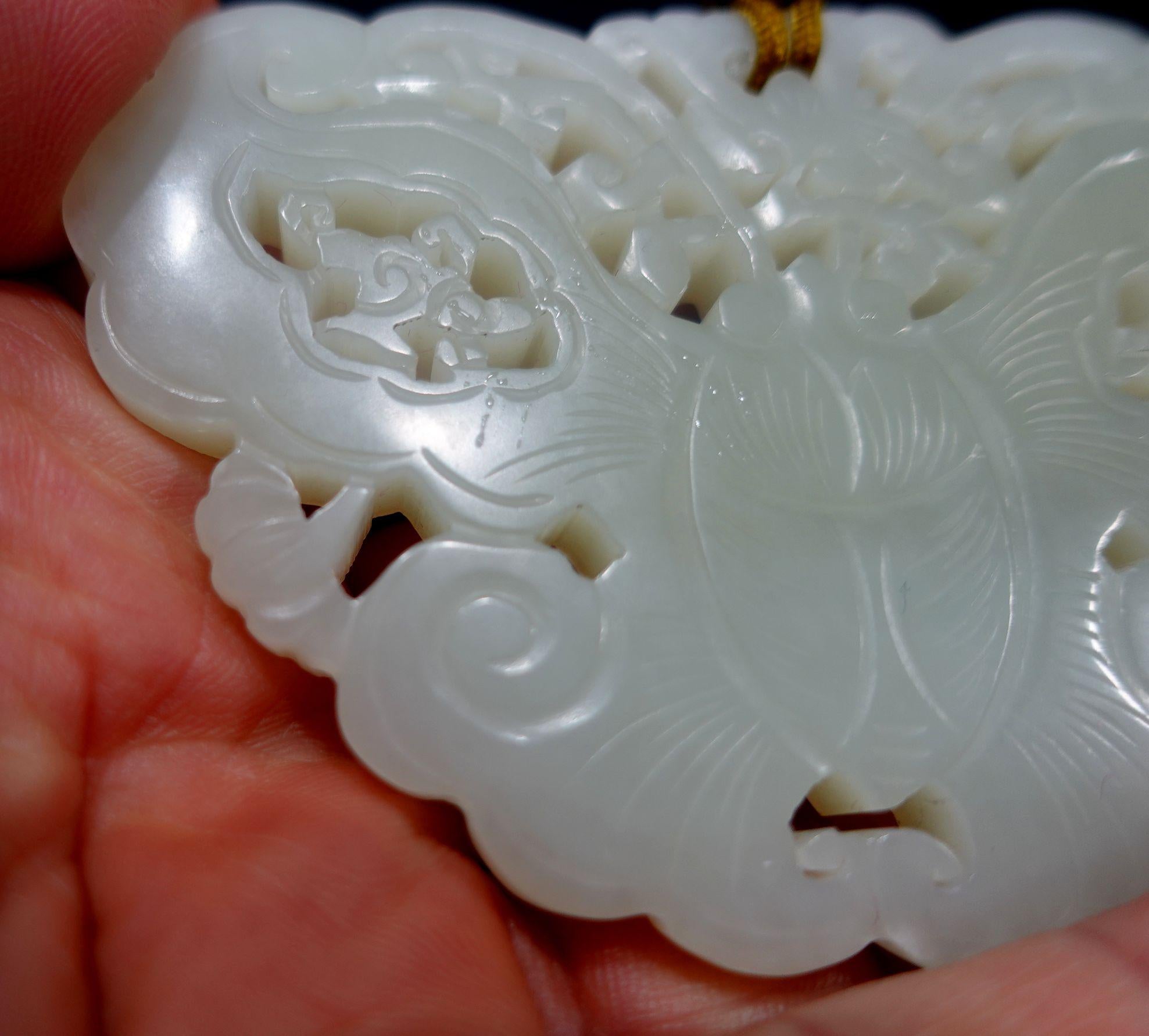 Antique A Chinese Chinese Carved Hetain White Jade Pendant, 19th Century For Sale 4