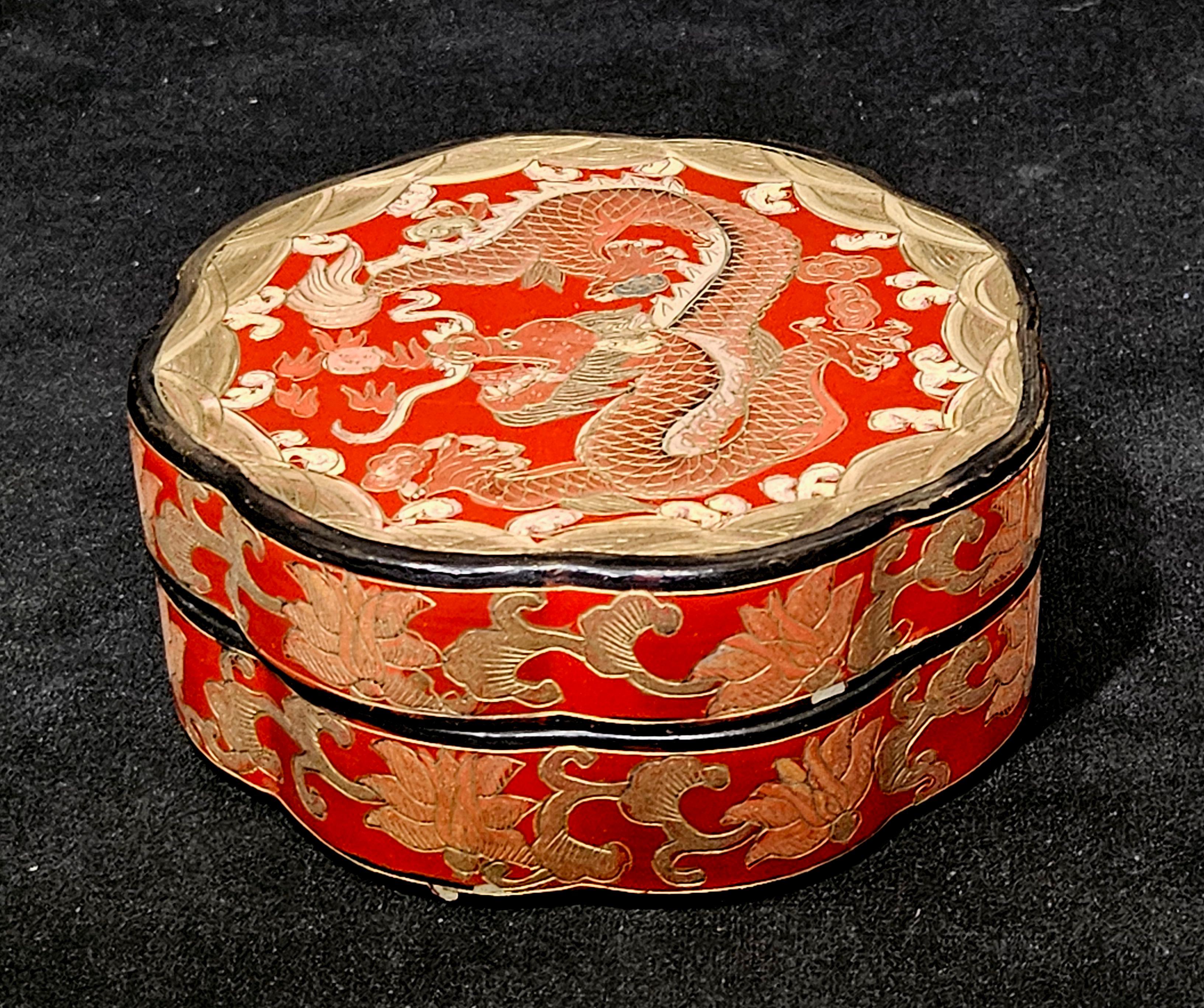 Antique A Chinese Carved Gilt Lacquered Box depicting a Dragon, Clouds, and waves, and all areas of carved patterns throughout.
small lacquer colors were lost at the corner and bottom, please see the photos.

