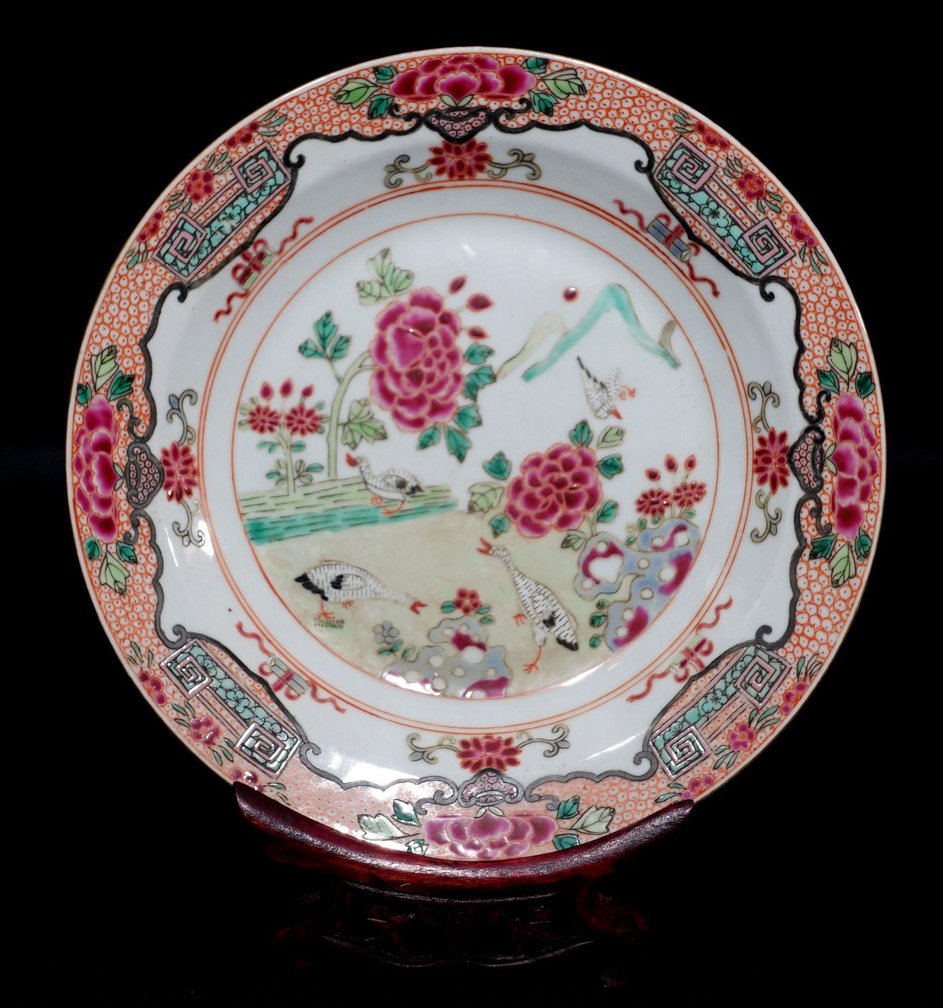 Chinese Antique A Famille Rose Plates on Wood Stand , 18th Century For Sale