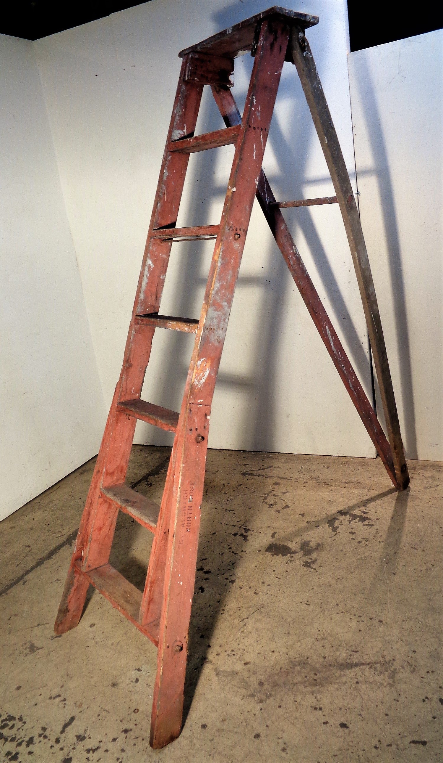 20th Century  Antique A Frame Apple Orchard Ladder Original Red Paint For Sale