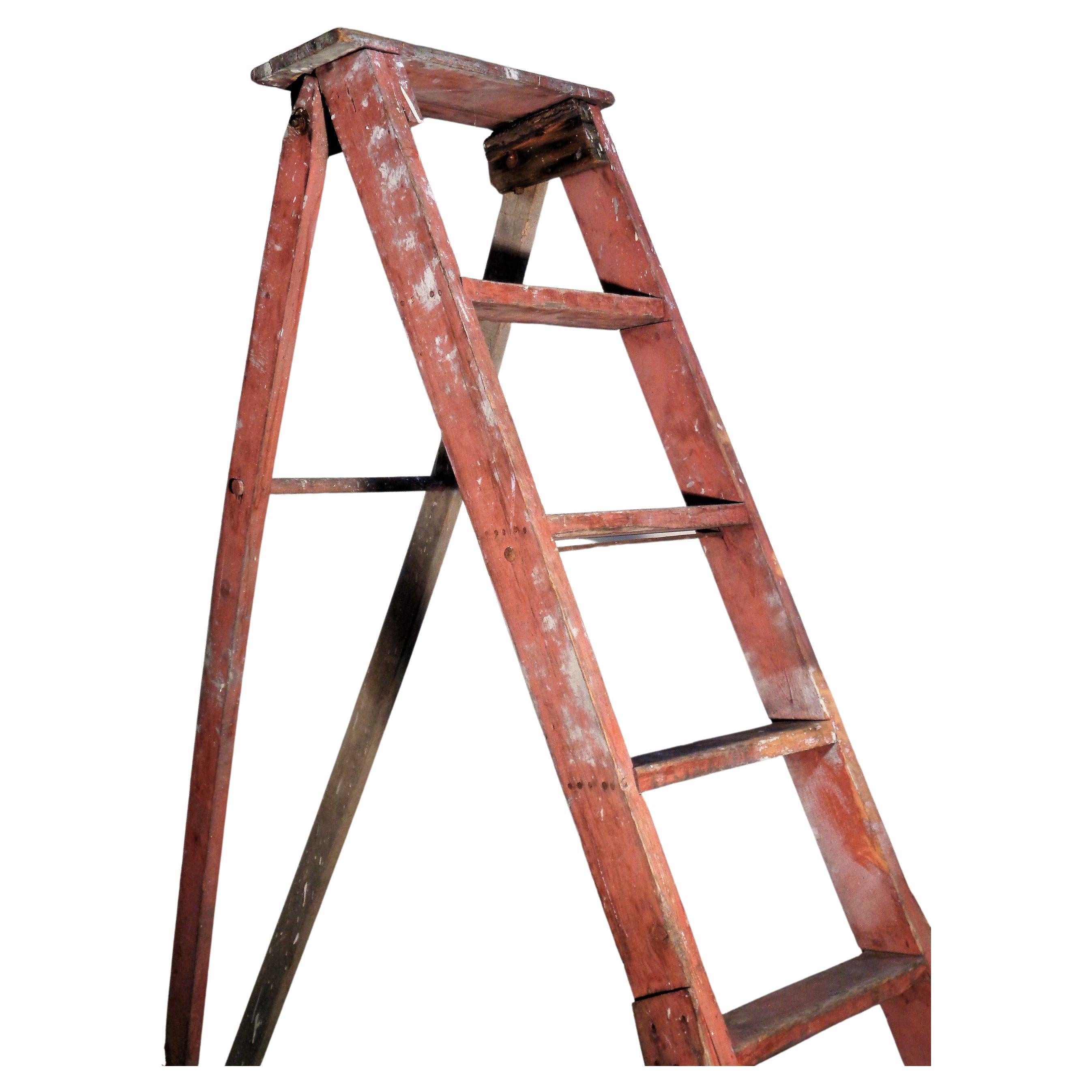  Antique A Frame Apple Orchard Ladder Original Red Paint For Sale 5