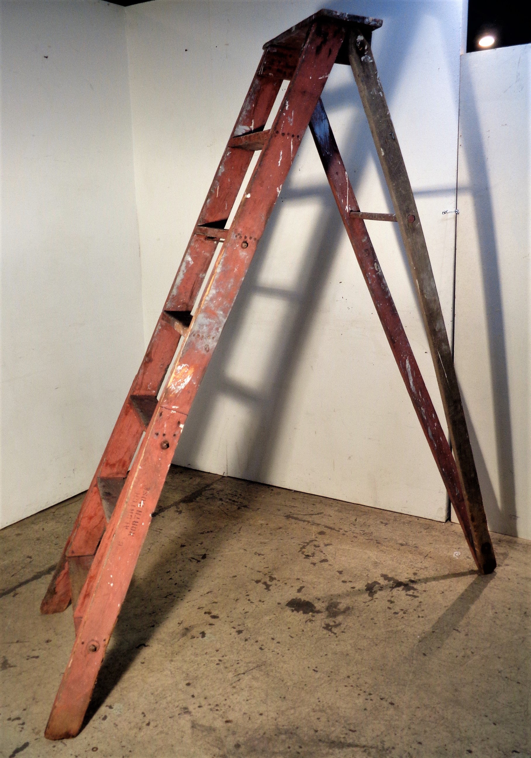 Painted  Antique A Frame Apple Orchard Ladder Original Red Paint For Sale