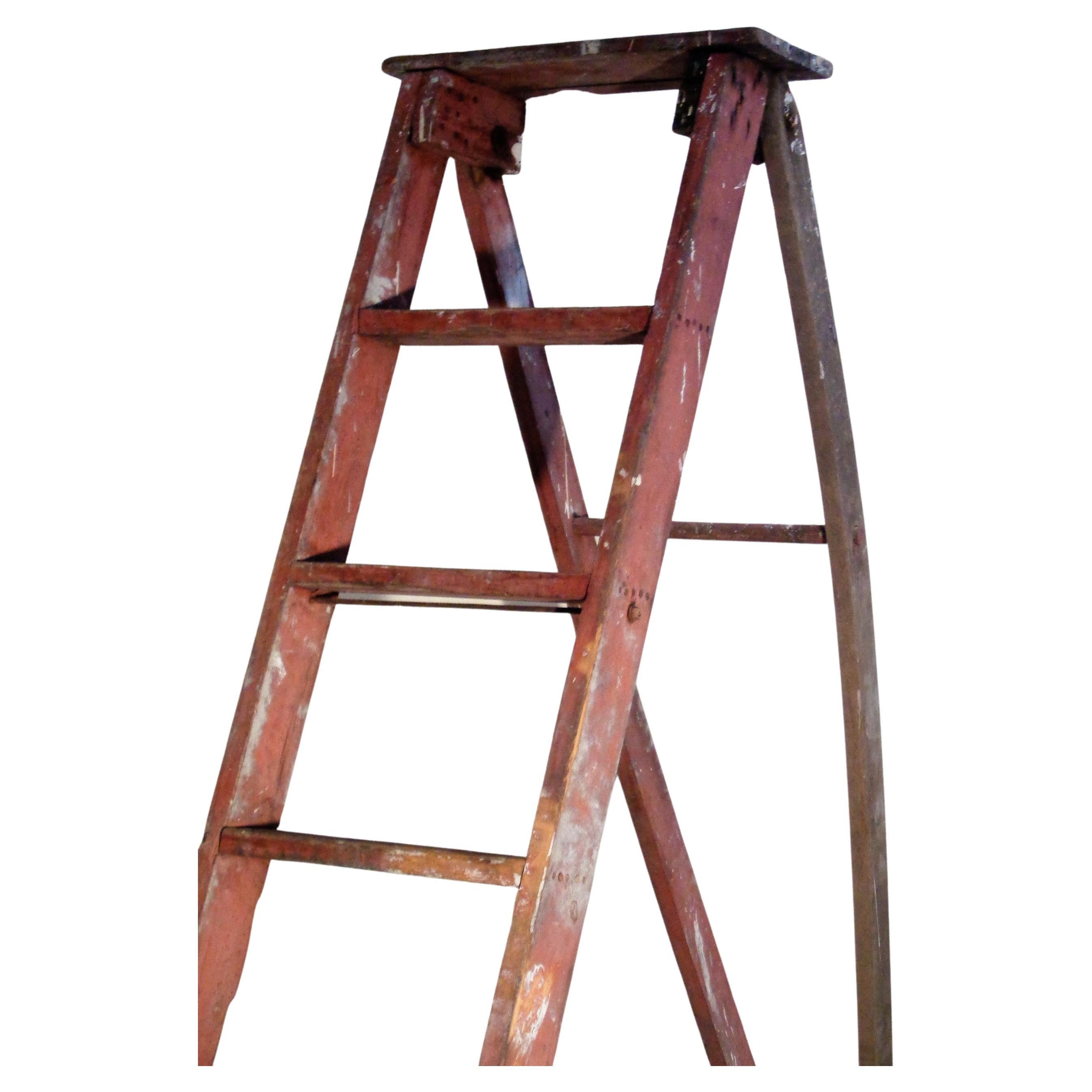  Antique A Frame Apple Orchard Ladder Original Red Paint In Good Condition For Sale In Rochester, NY