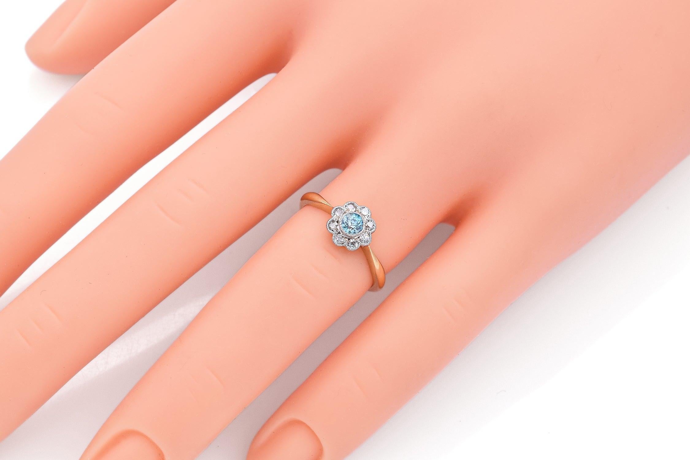 Antike A H signiert 18K Gelbgold Platin Blau Zirkon Diamant Ring (Rundschliff) im Angebot