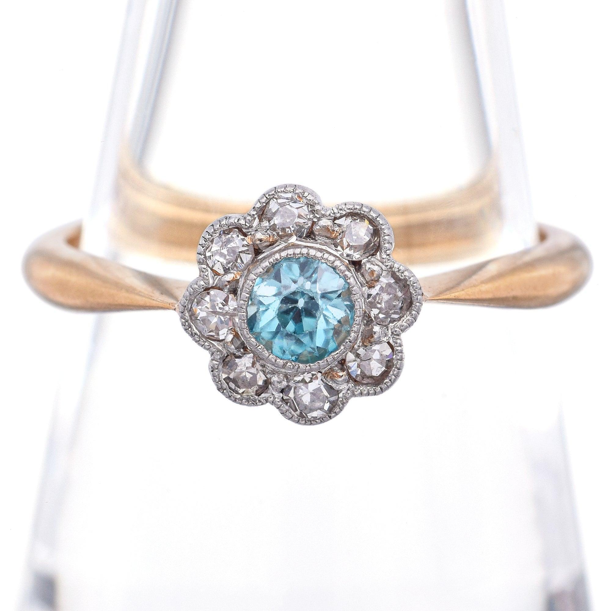 Antike A H signiert 18K Gelbgold Platin Blau Zirkon Diamant Ring im Zustand „Gut“ im Angebot in New York, NY