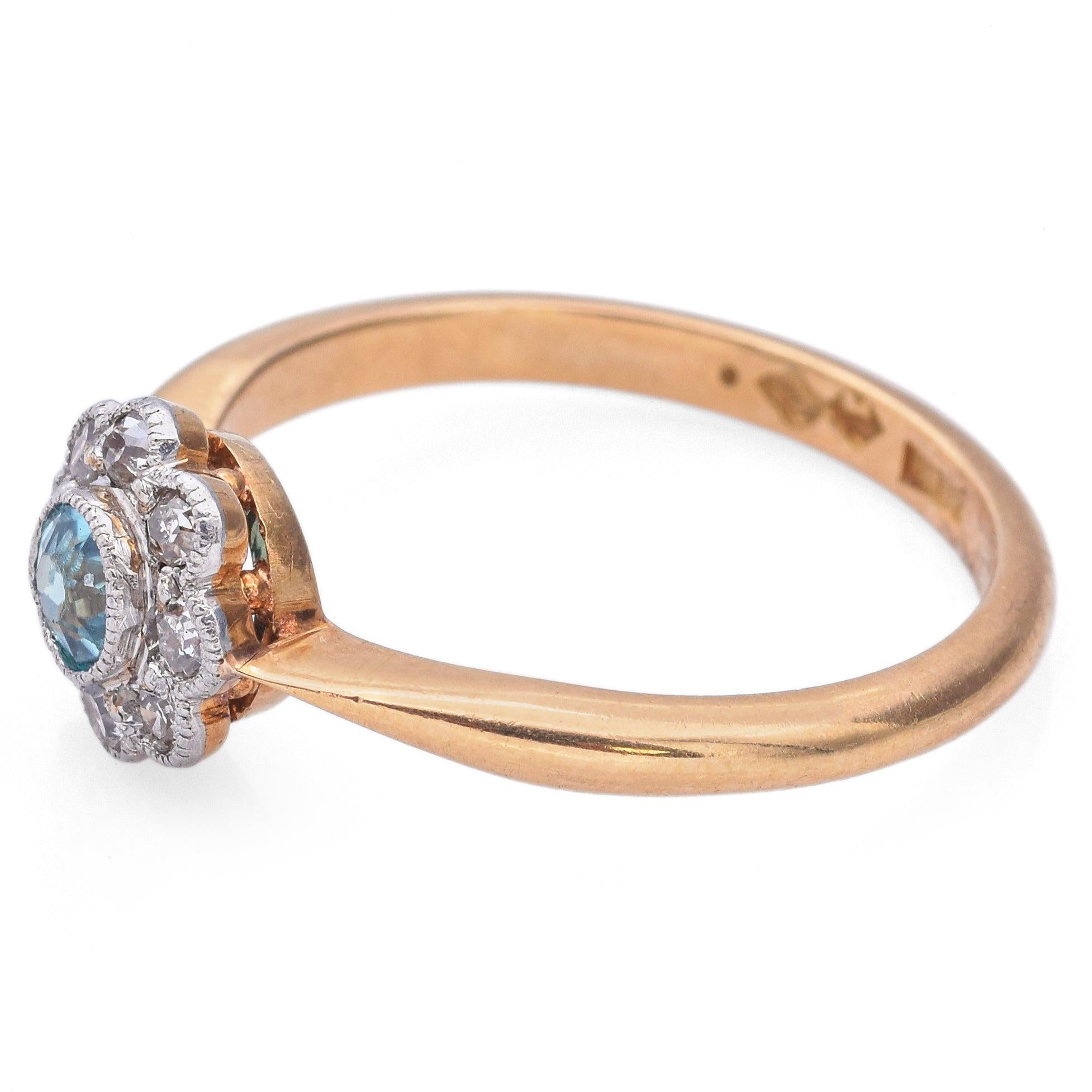 Antike A H signiert 18K Gelbgold Platin Blau Zirkon Diamant Ring im Angebot 1