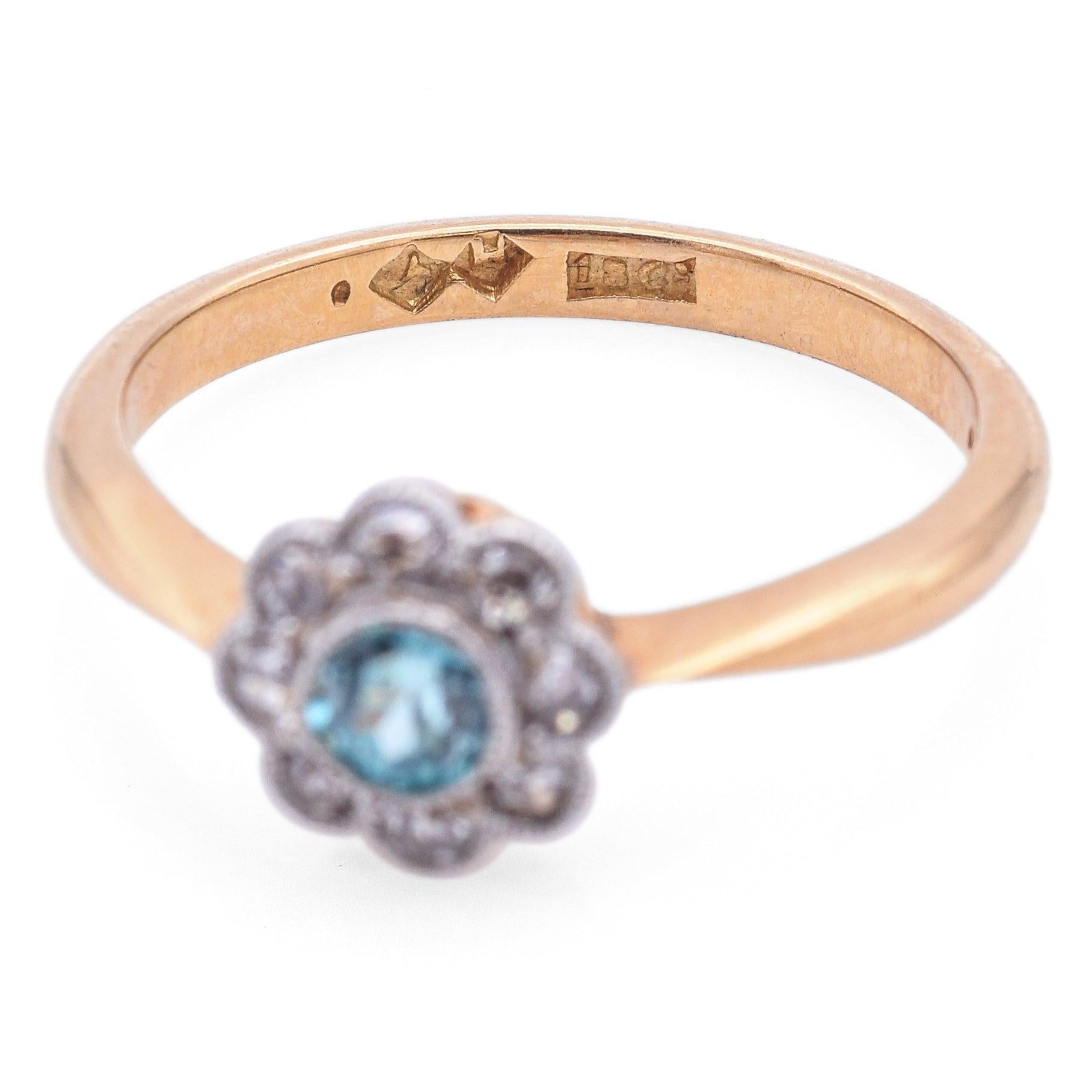 Antike A H signiert 18K Gelbgold Platin Blau Zirkon Diamant Ring im Angebot 3