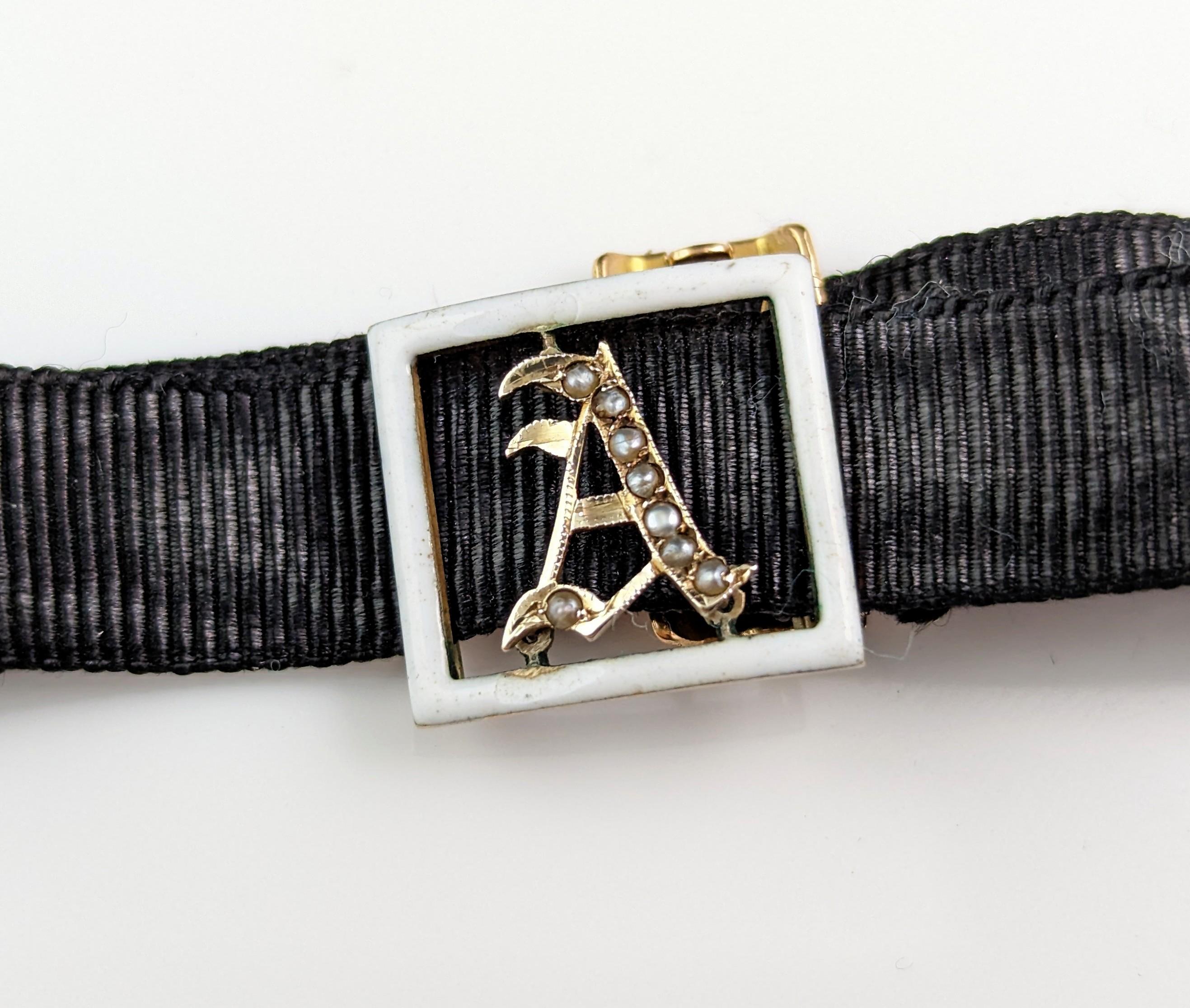 Antique A initial slider bracelet, White enamel and pearl, 9k gold, Black silk 2