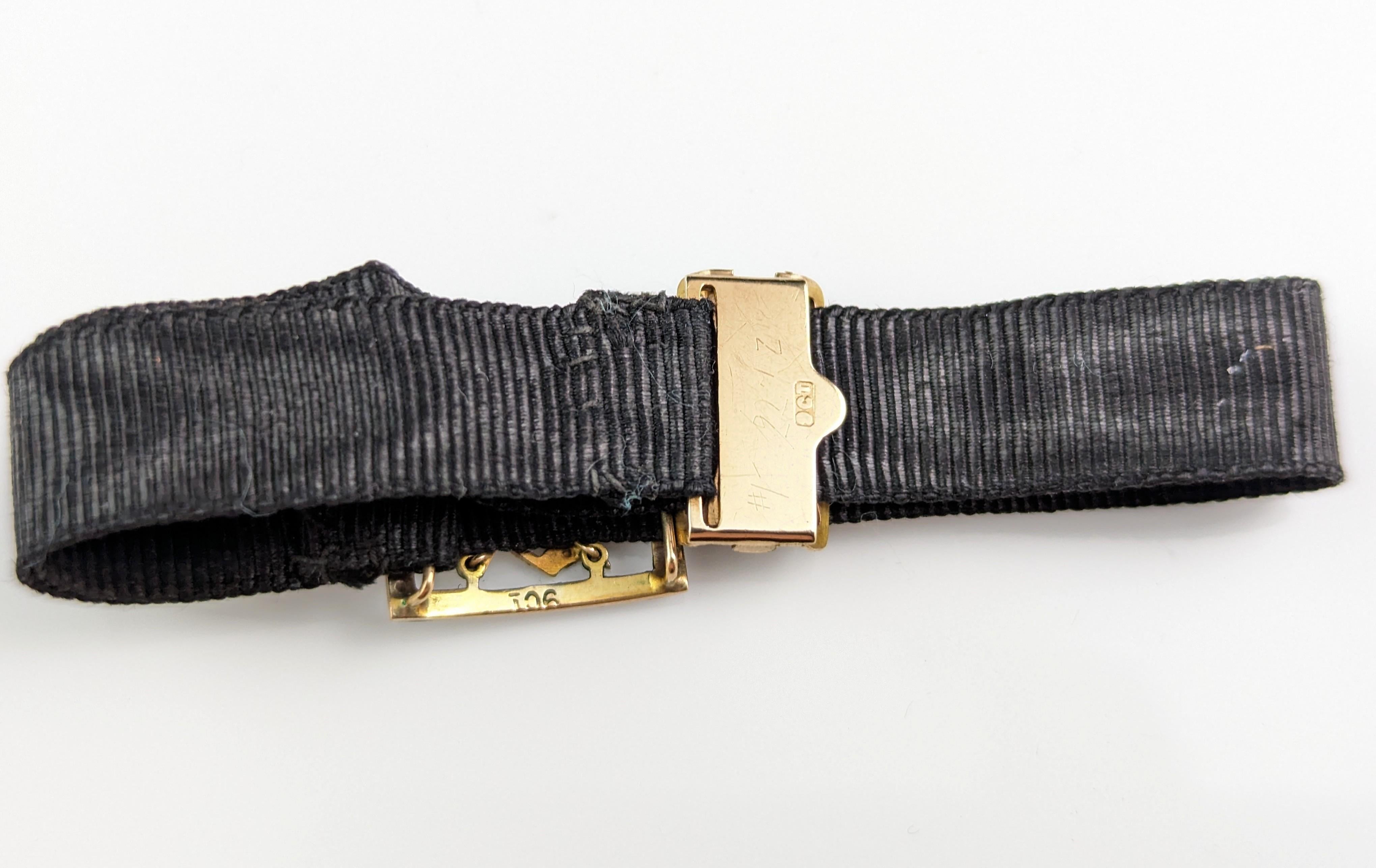 Antique A initial slider bracelet, White enamel and pearl, 9k gold, Black silk 3