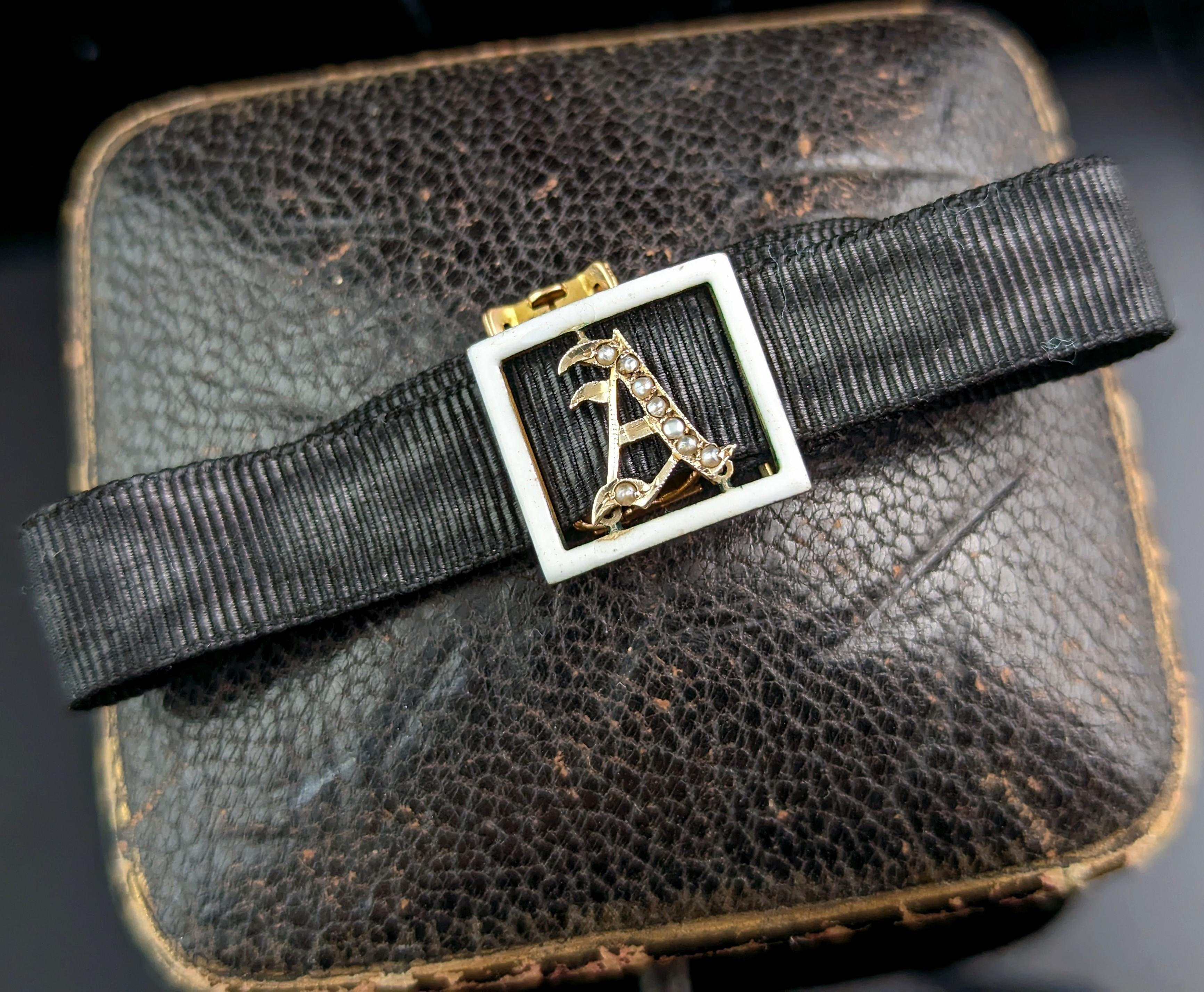 Antique A initial slider bracelet, White enamel and pearl, 9k gold, Black silk In Good Condition In NEWARK, GB