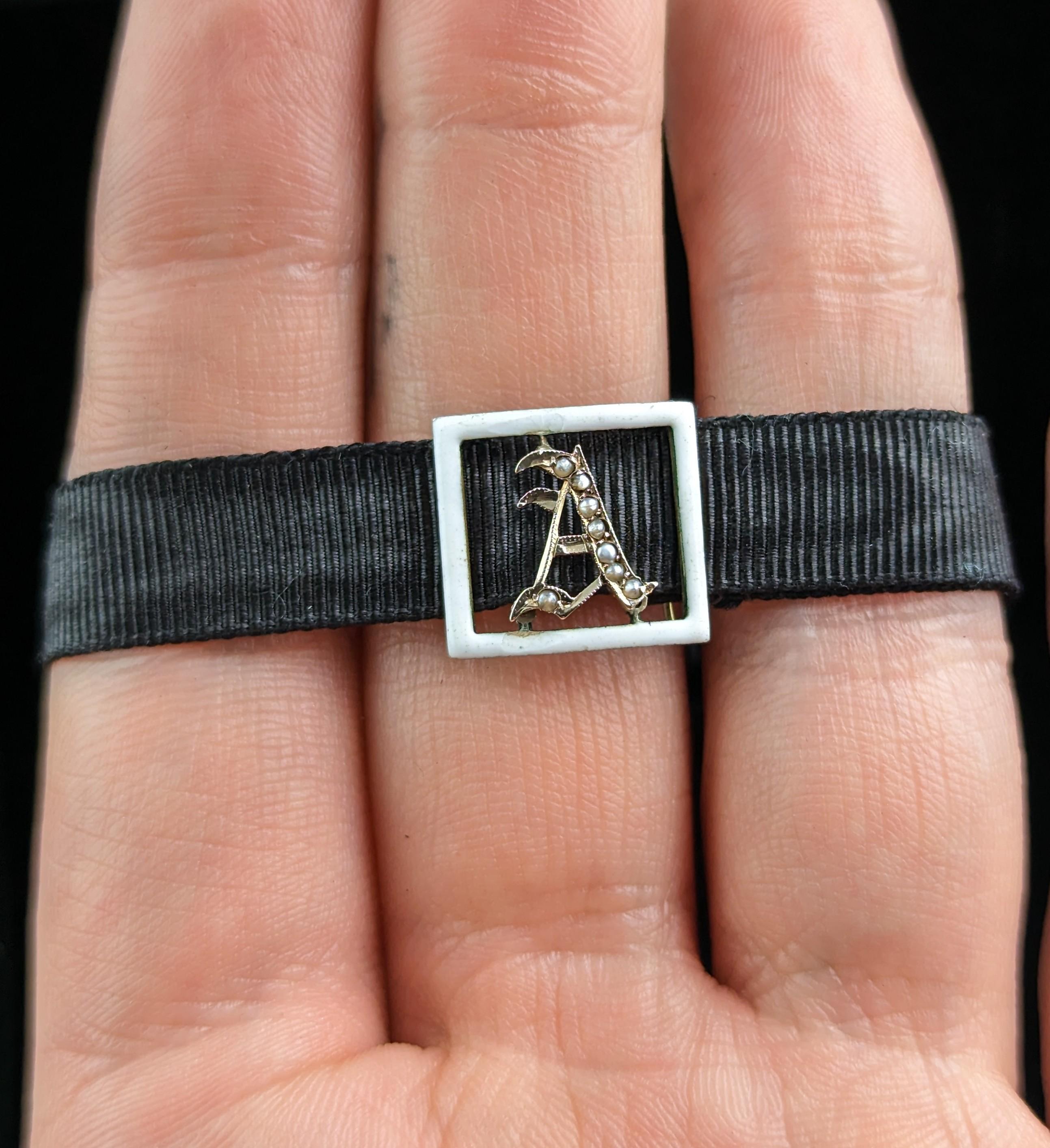 Women's Antique A initial slider bracelet, White enamel and pearl, 9k gold, Black silk