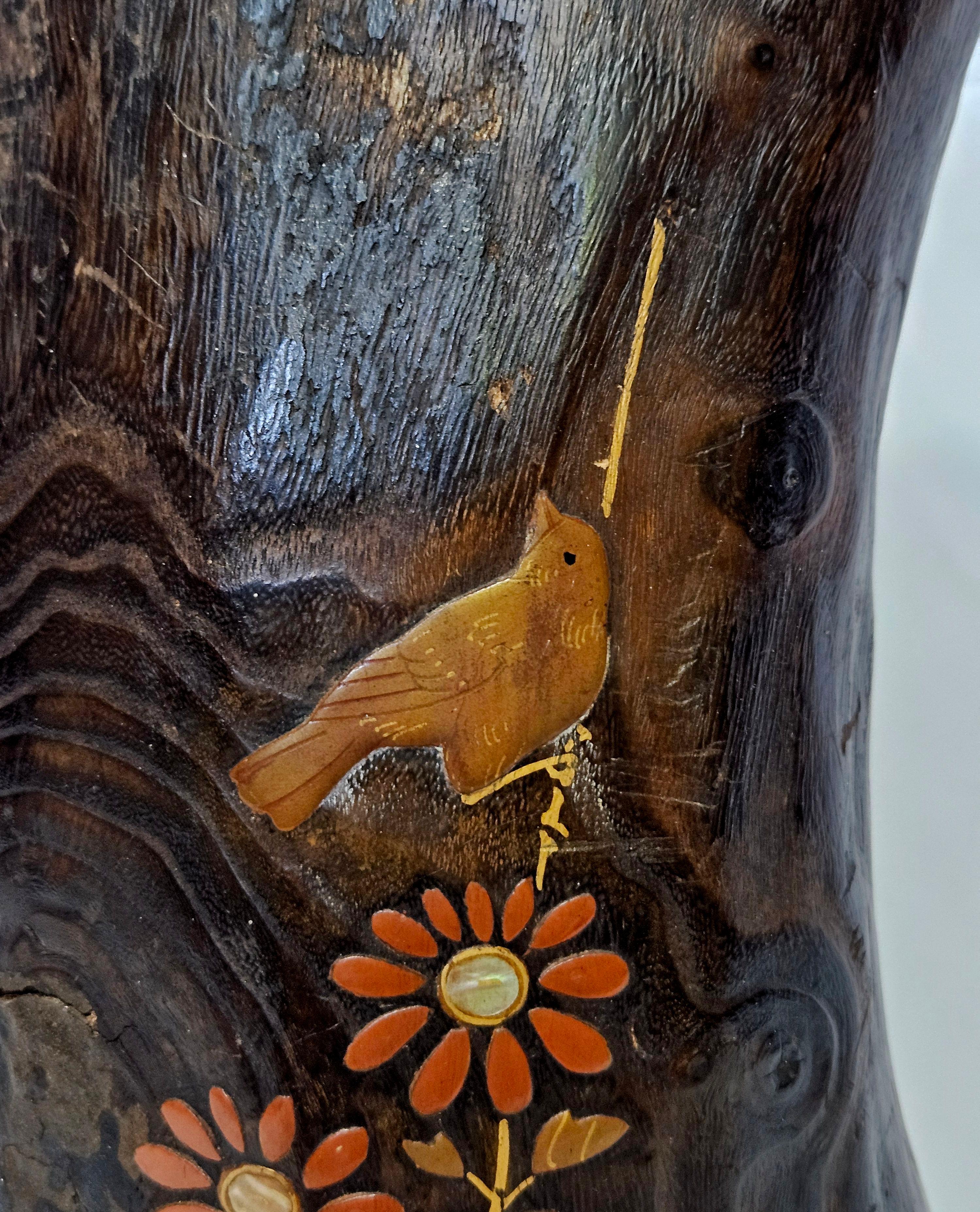 Hand-Crafted Antique A Japanese Lacquer Decorated Elm Ikebana Vase For Sale