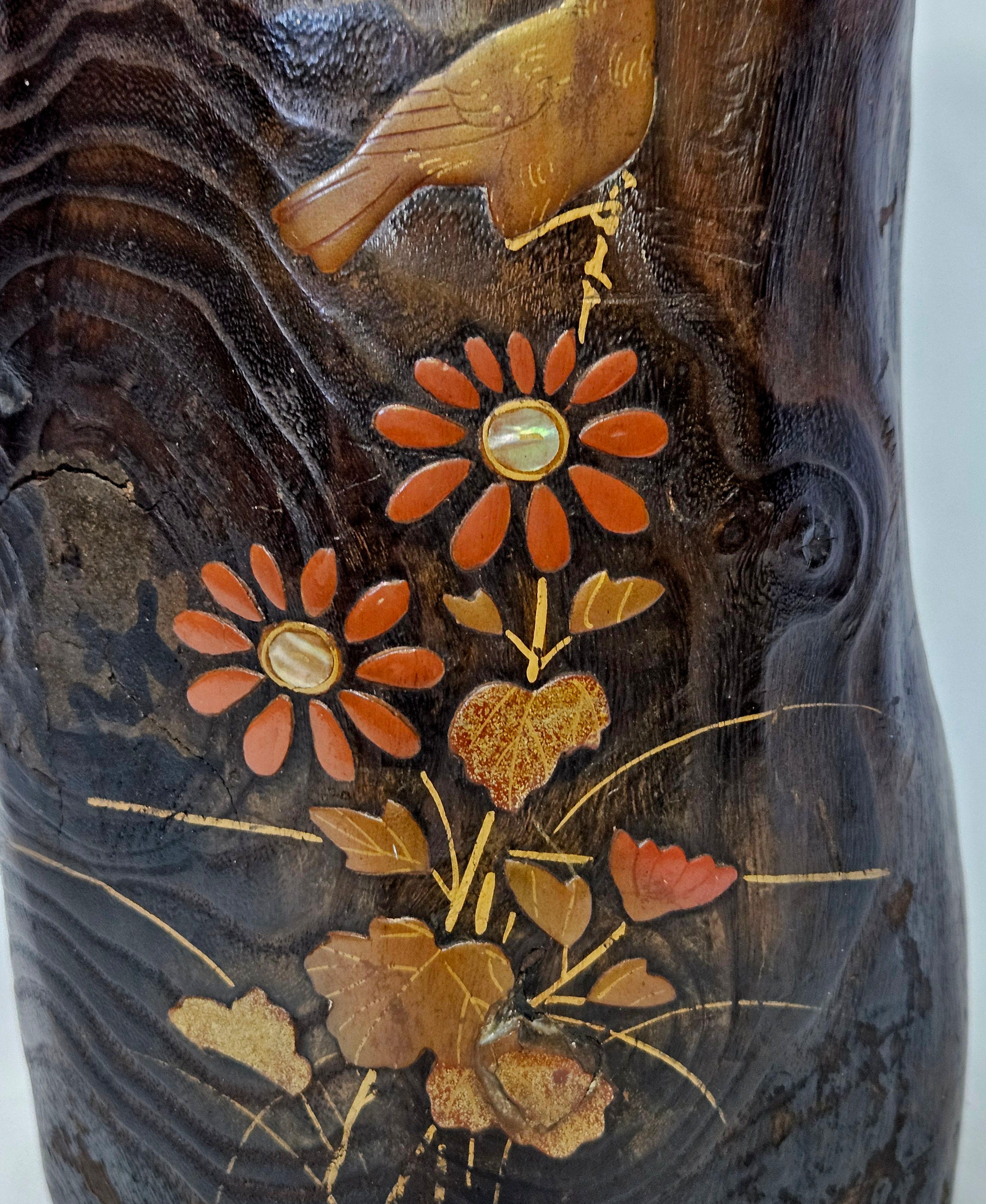 Antique A Japanese Lacquer Decorated Elm Ikebana Vase In Good Condition For Sale In Norton, MA
