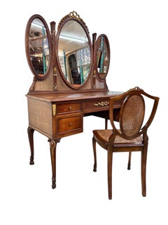 Antike A. Kroeber & Co. Edwardian Mahagoni Dreifach Oval Spiegel Eitelkeit