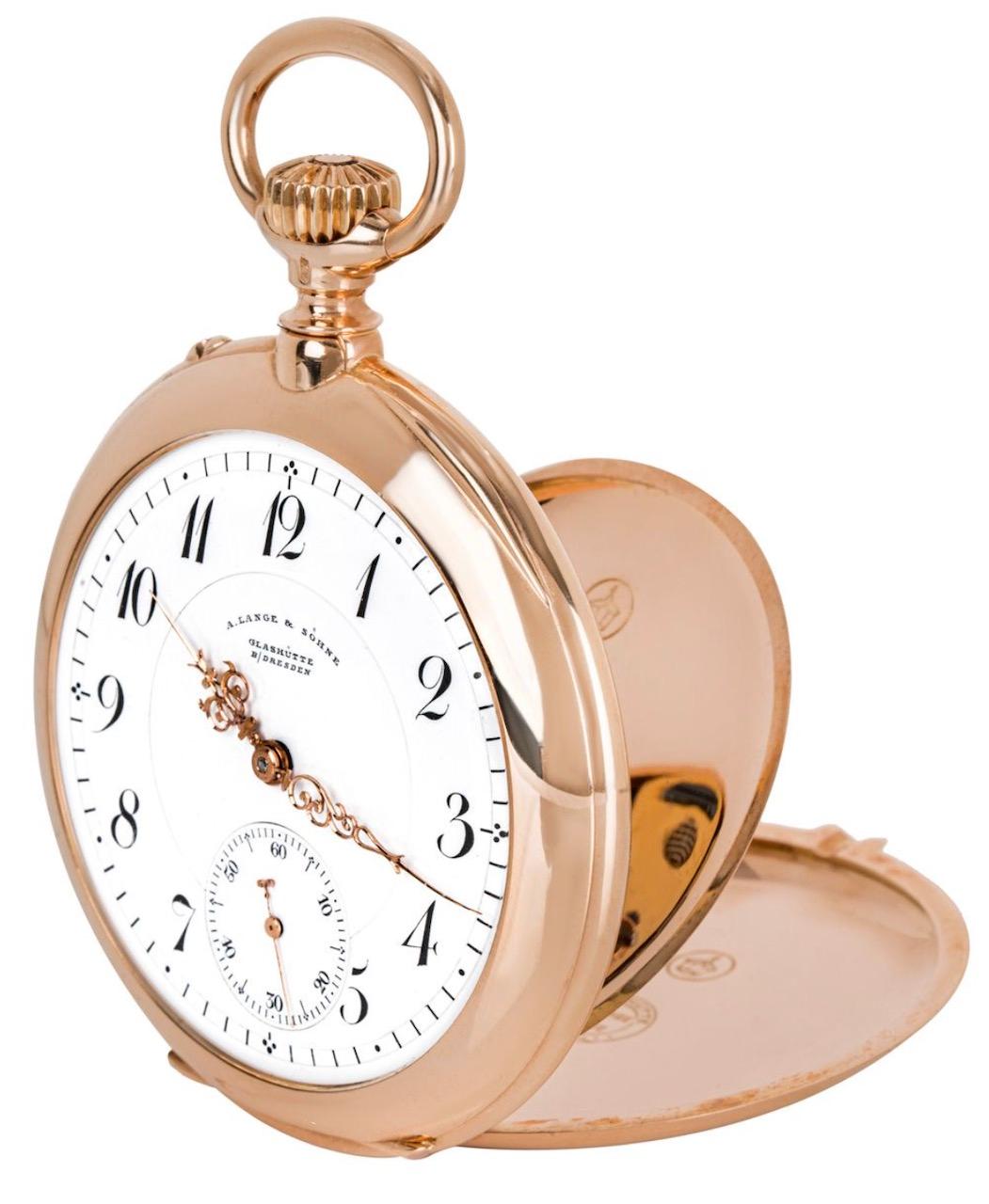Antique A. Lange & Sohne. A Rare 18ct Rose Gold Open Face Keyless Lever Pocket Watch C1920 with it's Original Box and Paper and Matching Rose Gold Chain.

Dial: The perfect fully signed A. Lange & Sohne Glashutte Dresden white enamel dial with