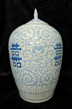 Antique A Large Chinese Blue & White Porcelain Lidded Jar, 19th Century
