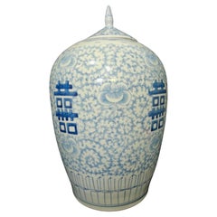Antique A Large Chinese Blue & White Porcelain Lidded Jar, 19th Century