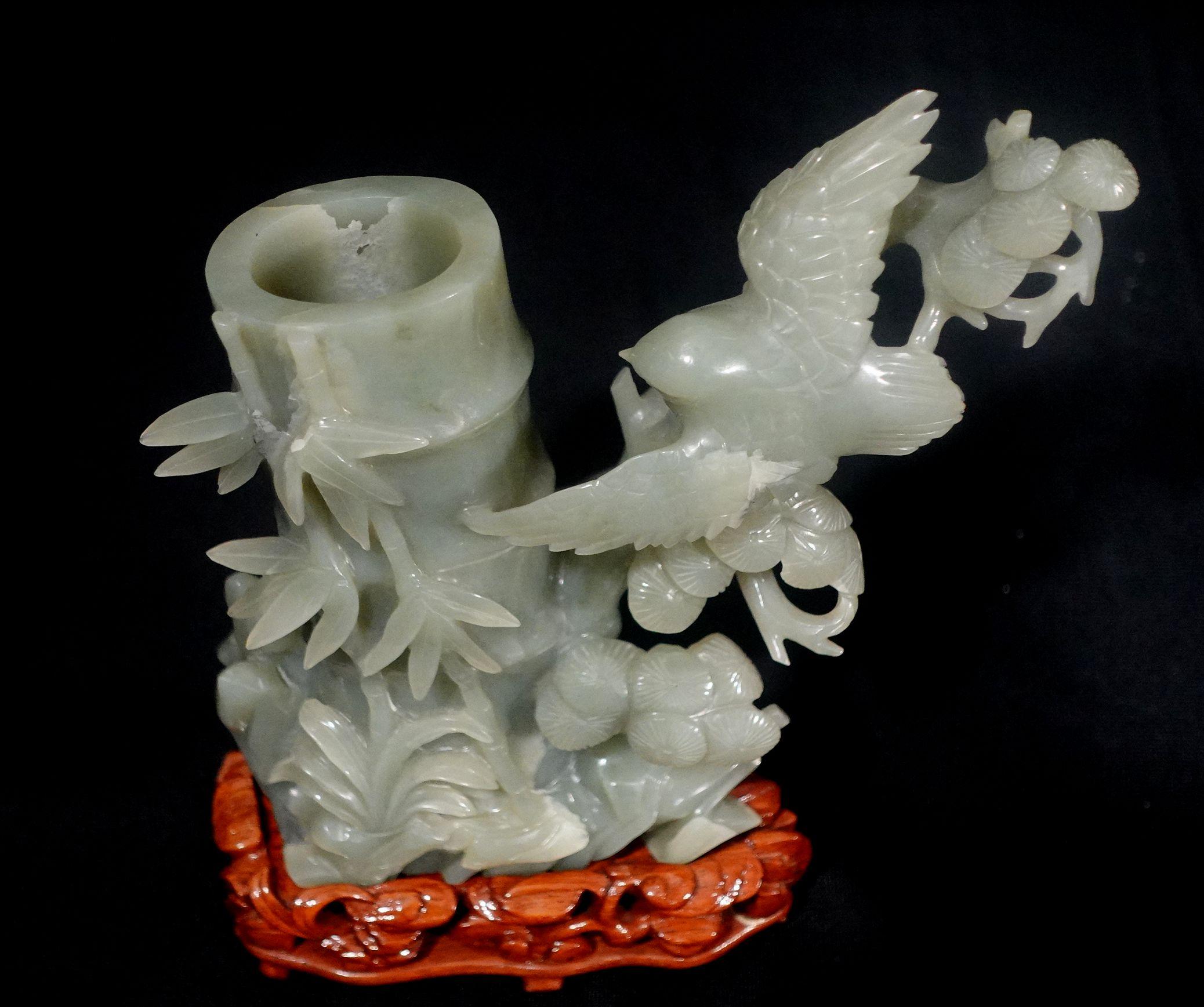 20th Century Antique A Large Chinese Carved Hetain Jade Flower Vase w/ Stand and Box For Sale