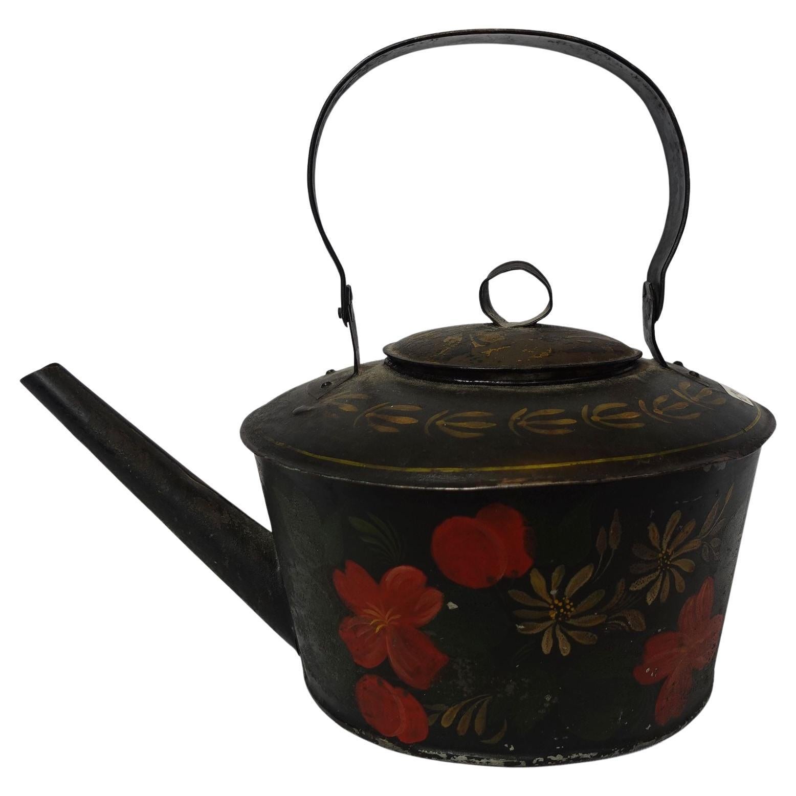 Antique A  Large English Farm House Style Painted Metal Tea Kettle, TC#10 For Sale