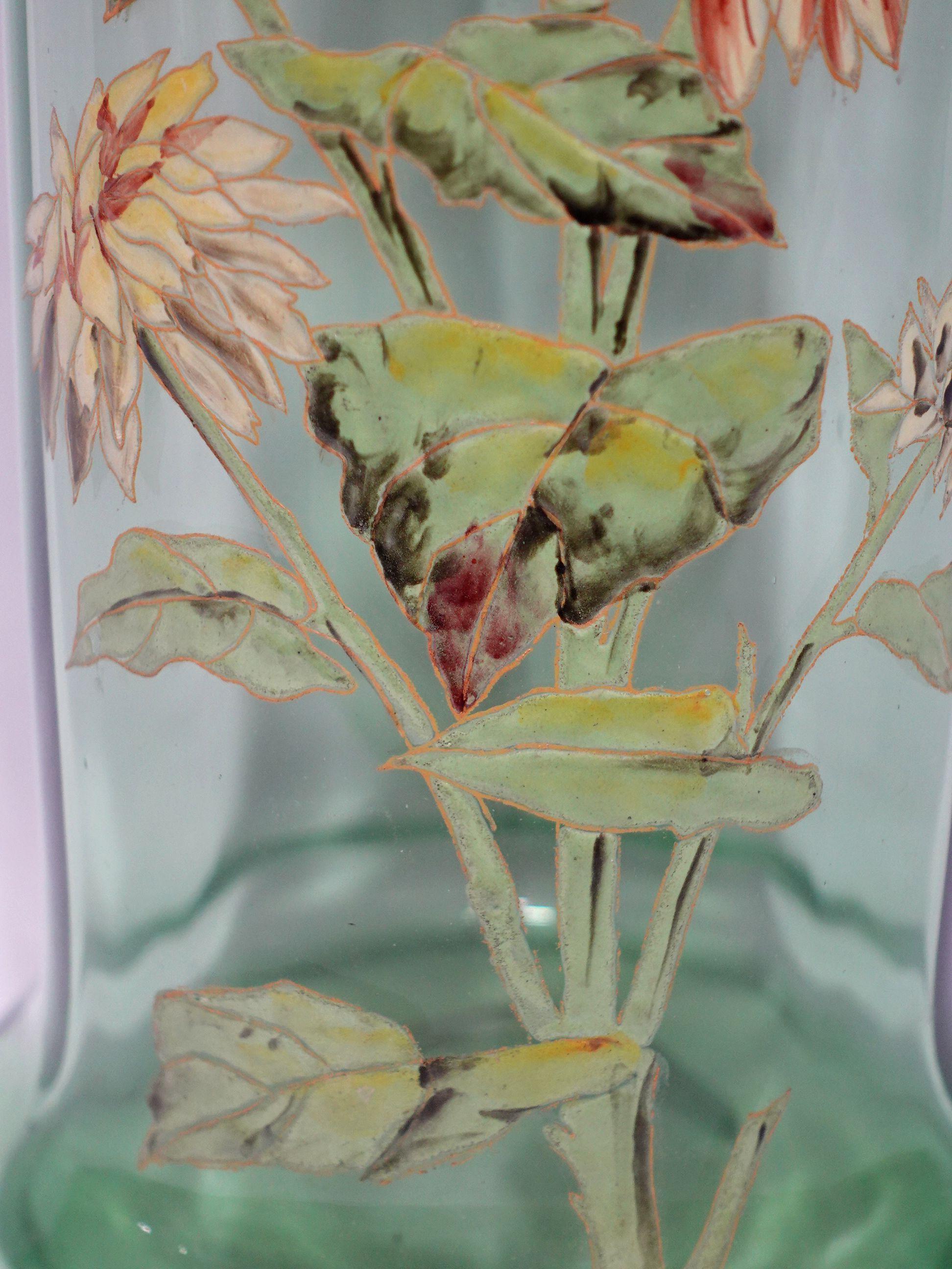 Hand-Painted Antique A Large Green Mont Joye Enamel art glass Vase For Sale