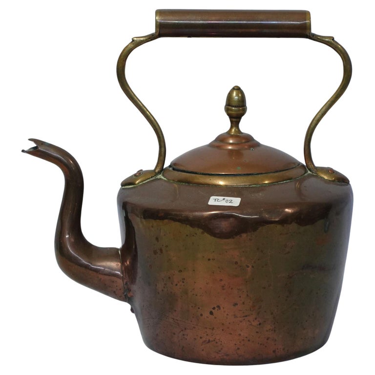 Antique Chinese Brass Metal Tea Kettle Teapot Long Spout Detailed Handle  Heavy