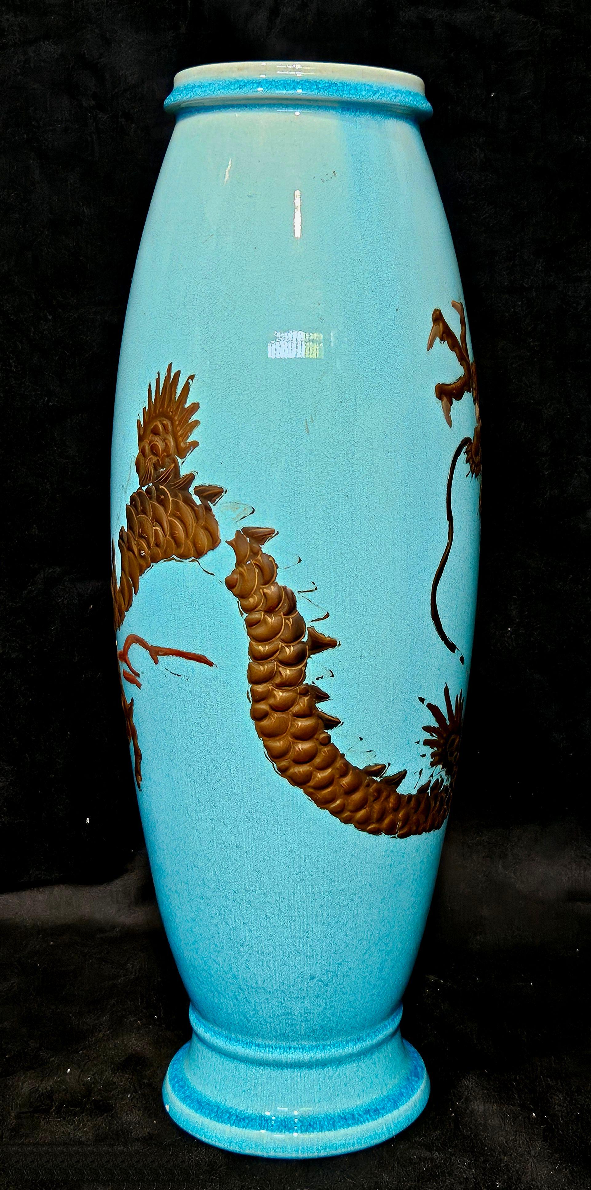 Antique A Large Japanese Awaji Pottery Dragon Vase In Good Condition For Sale In Norton, MA