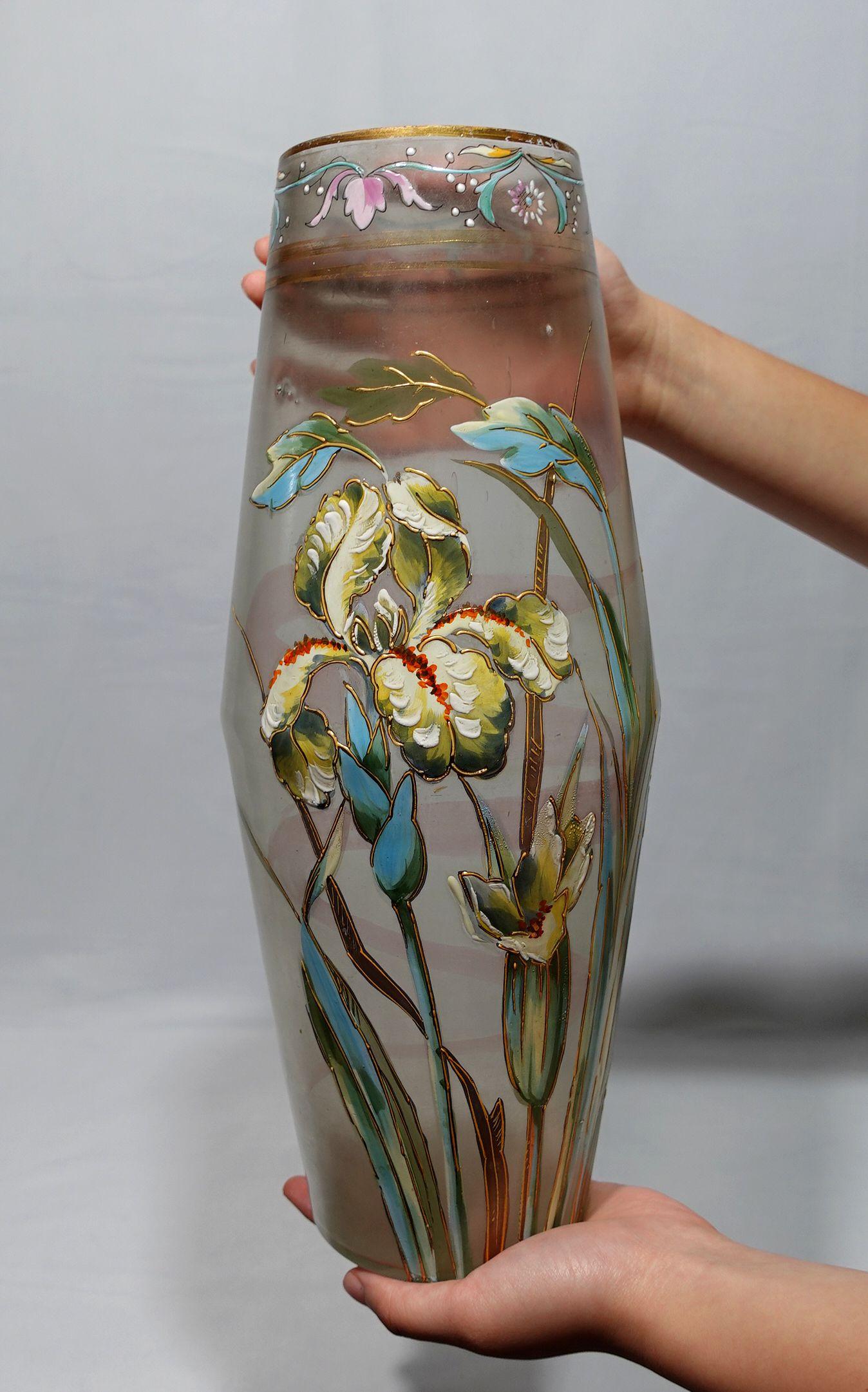 Antique A Large Mont Joye Enamel art glass Vase For Sale 5