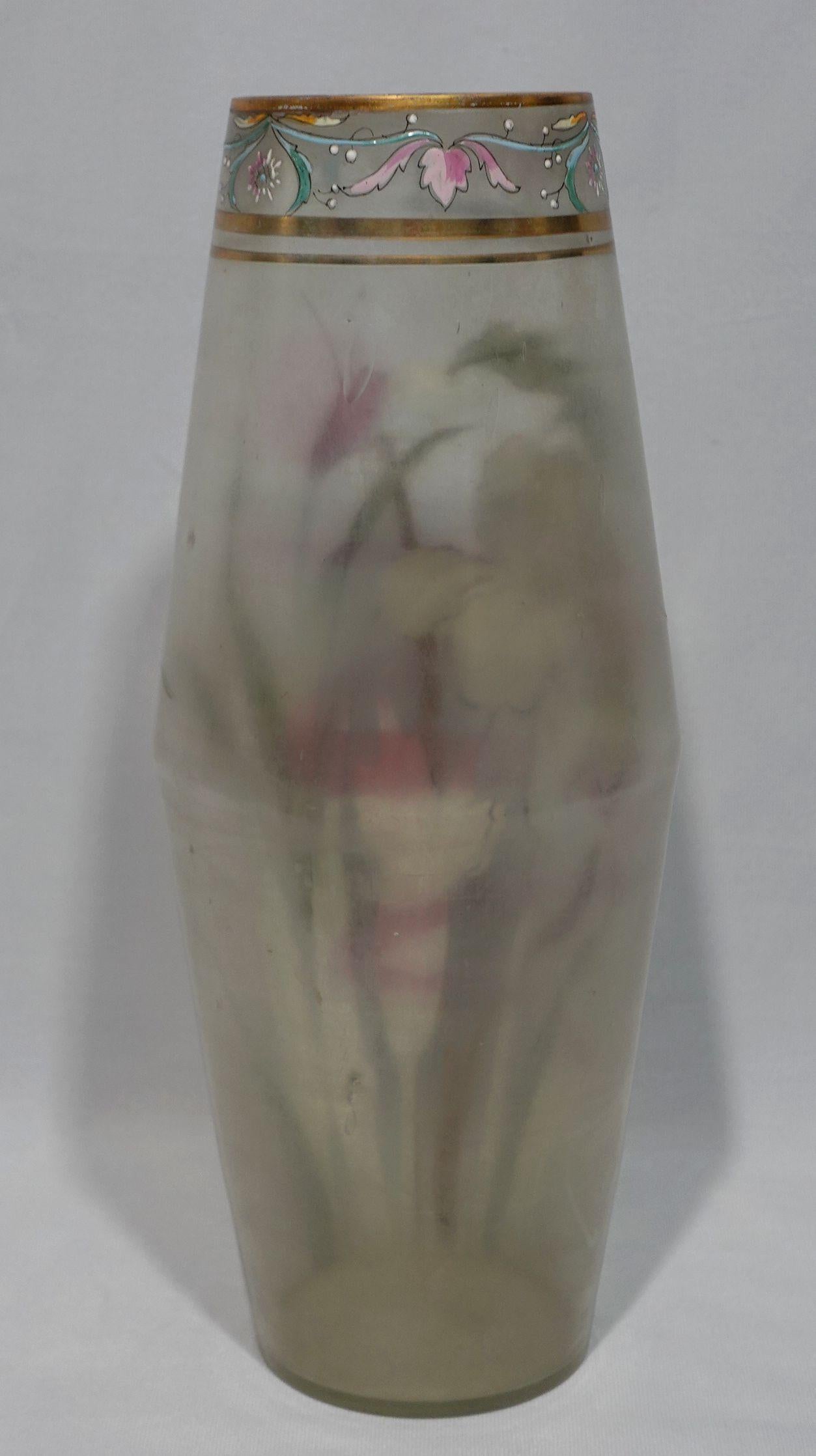 Antique A Large Mont Joye Enamel art glass Vase In Good Condition For Sale In Norton, MA