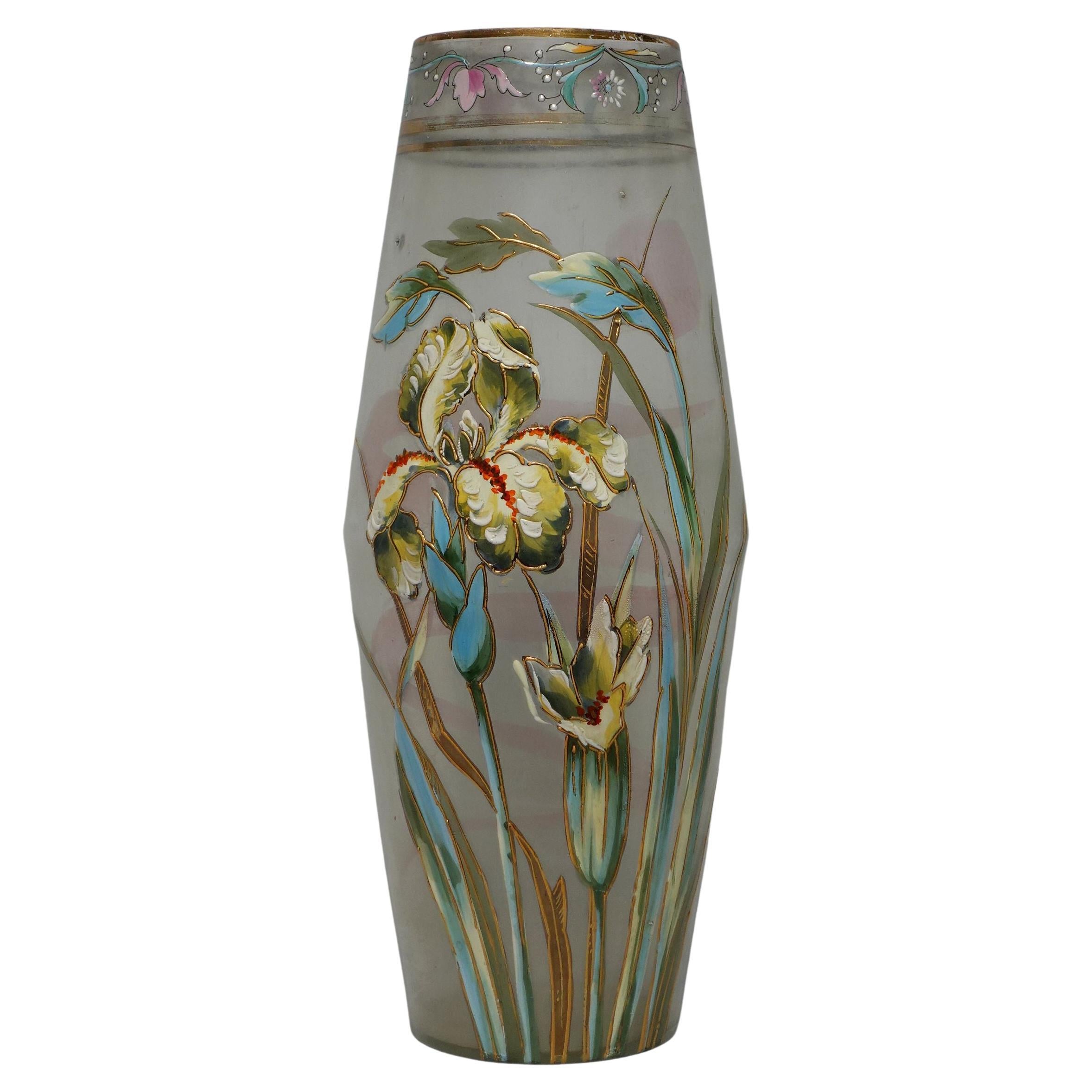 Antique A Large Mont Joye Enamel art glass Vase For Sale
