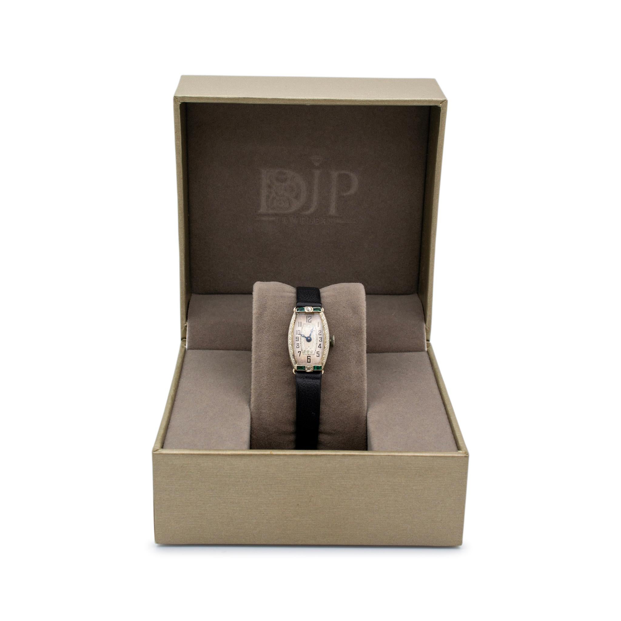 Antique A. LeCoultre 19.5k White Gold Manual Winding Diamond Emerald  Watch For Sale 5