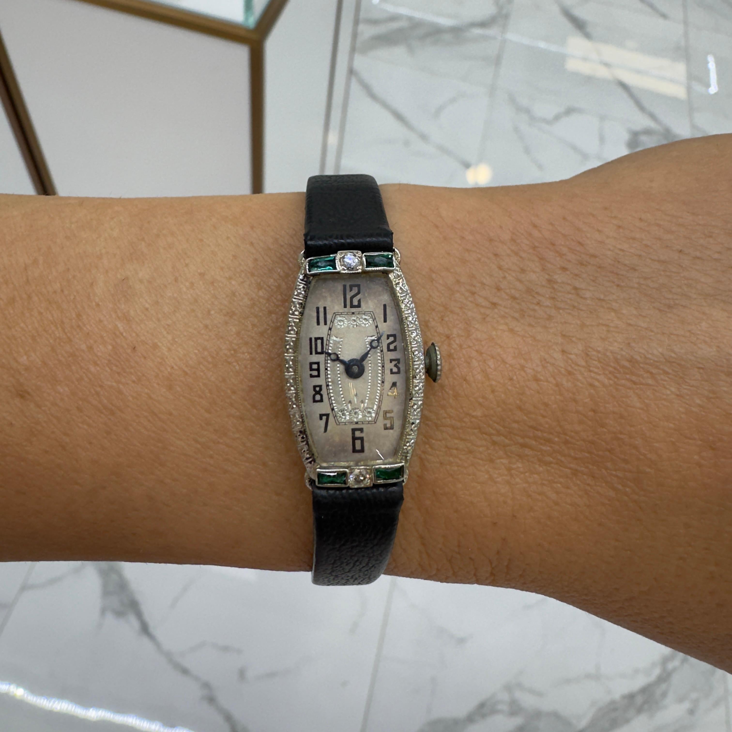 Antique A. LeCoultre 19.5k White Gold Manual Winding Diamond Emerald  Watch For Sale 6