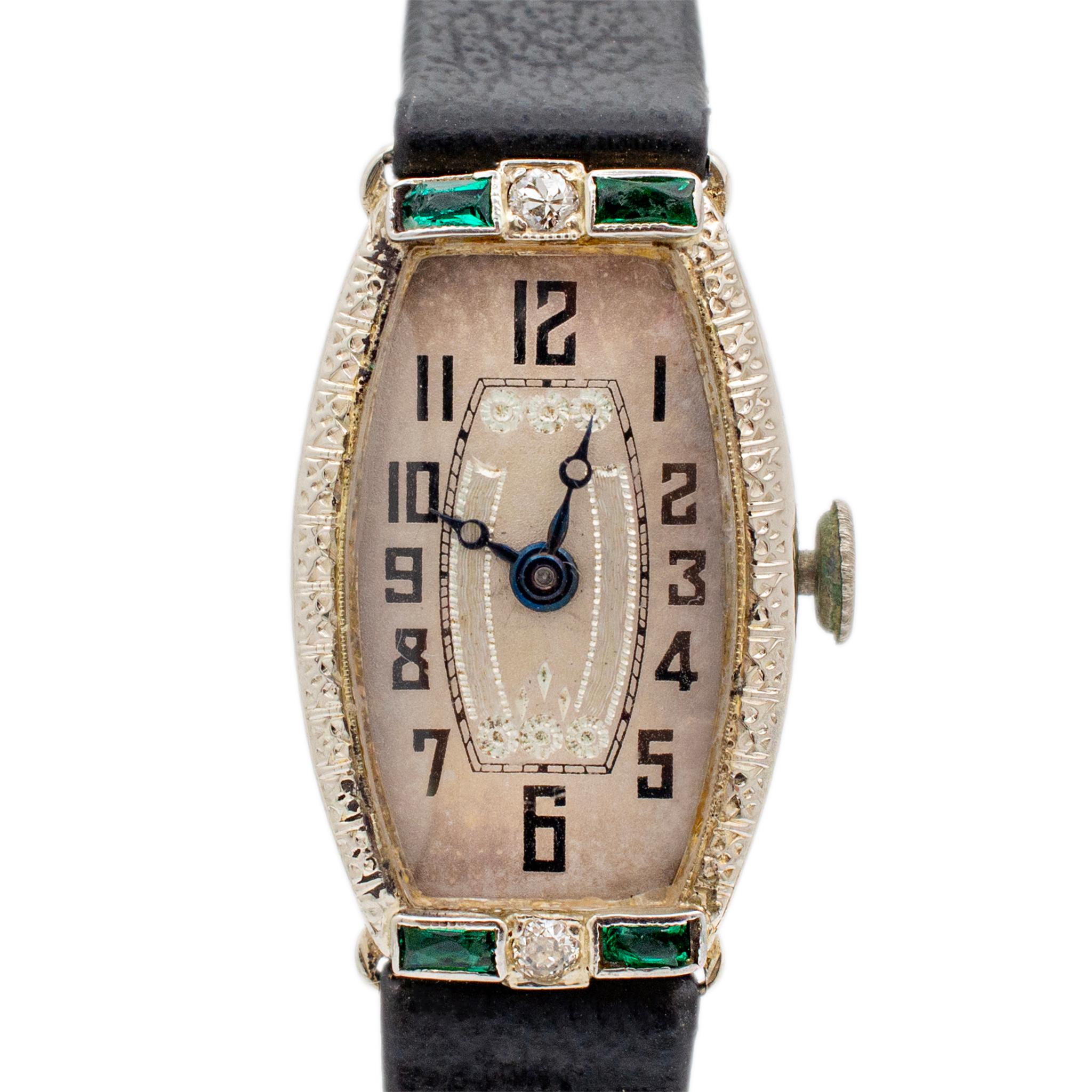 Brand: A. LeCoultre

Gender: Ladies

Metal Type: 19.5k White Gold

Weight: 13.56 grams

Ladies 19.5K White Gold A. LeCoultre diamond and emerald Swiss-made watch. The metal was tested and determined to be 19K white gold. Engraved with 