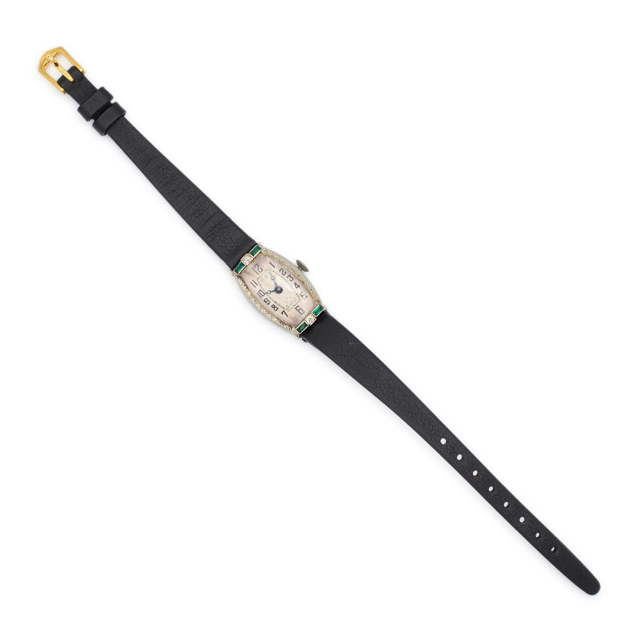 Old European Cut Antique A. LeCoultre 19.5k White Gold Manual Winding Diamond Emerald  Watch For Sale