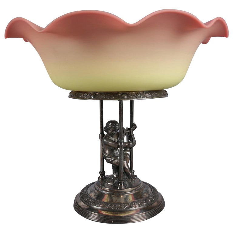 Antique A. Ledig and Son Silver Plate and Peach Blow Glass Figural Compote  For Sale at 1stDibs