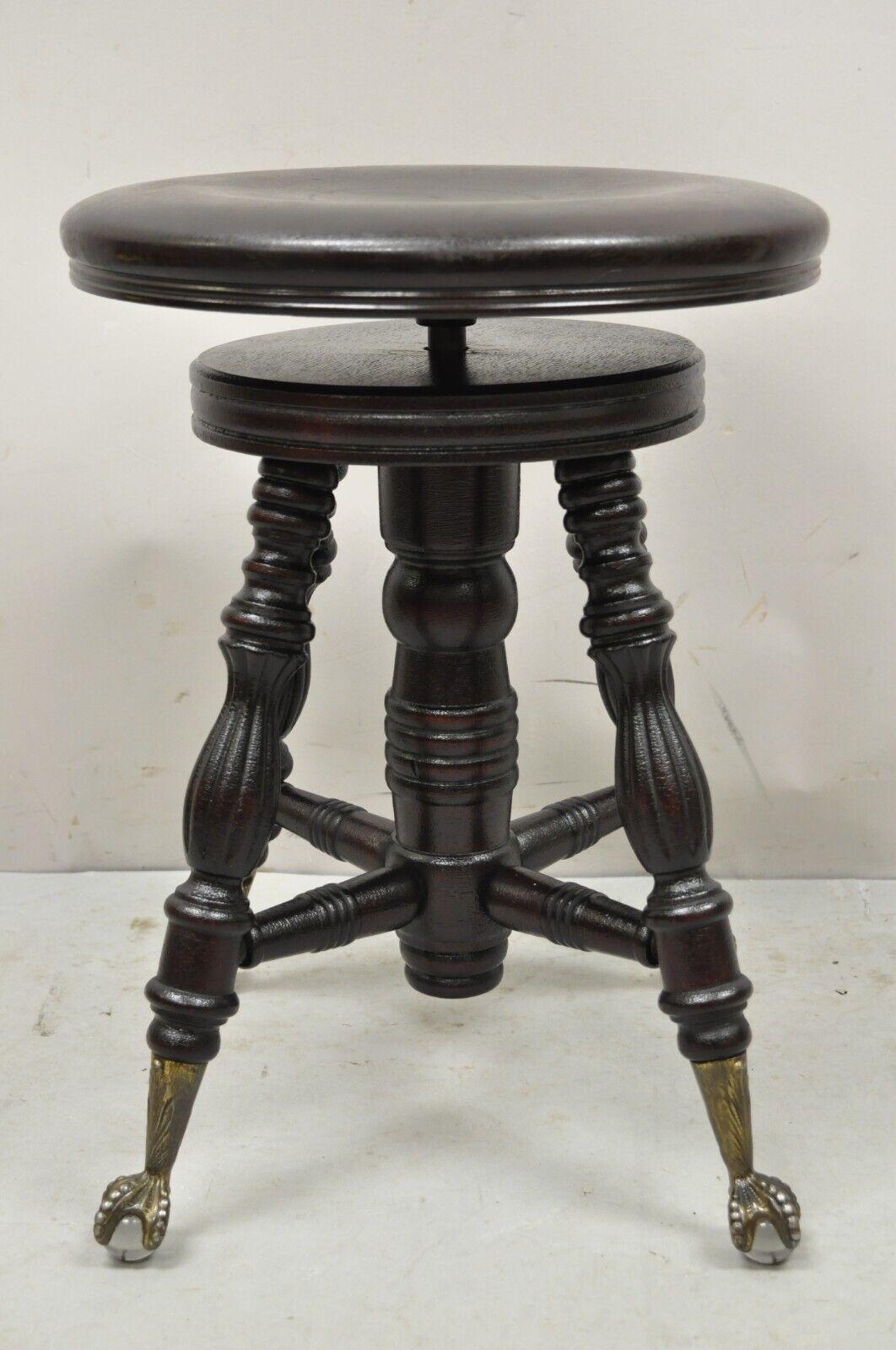 Antique a. Merrian Co Victorian Piano Stool Glass Ball Brass Claw Feet 3