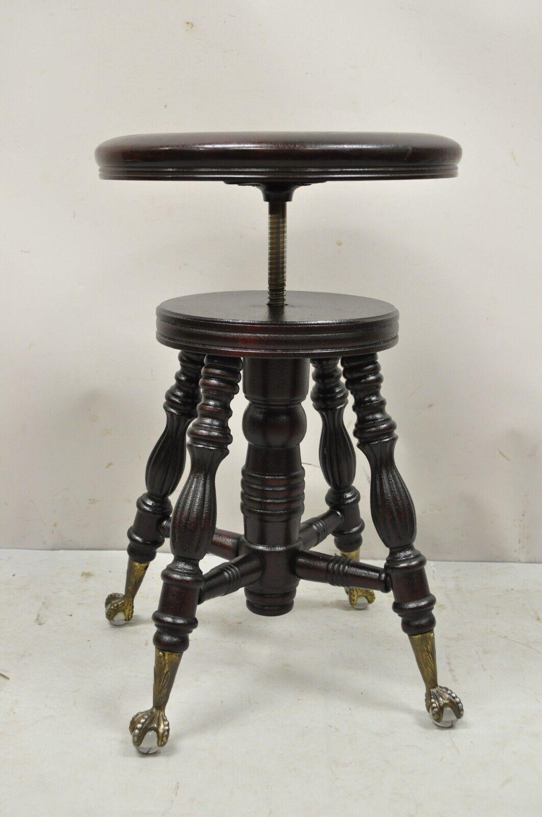 Antique a. Merrian Co Victorian Piano Stool Glass Ball Brass Claw Feet 2