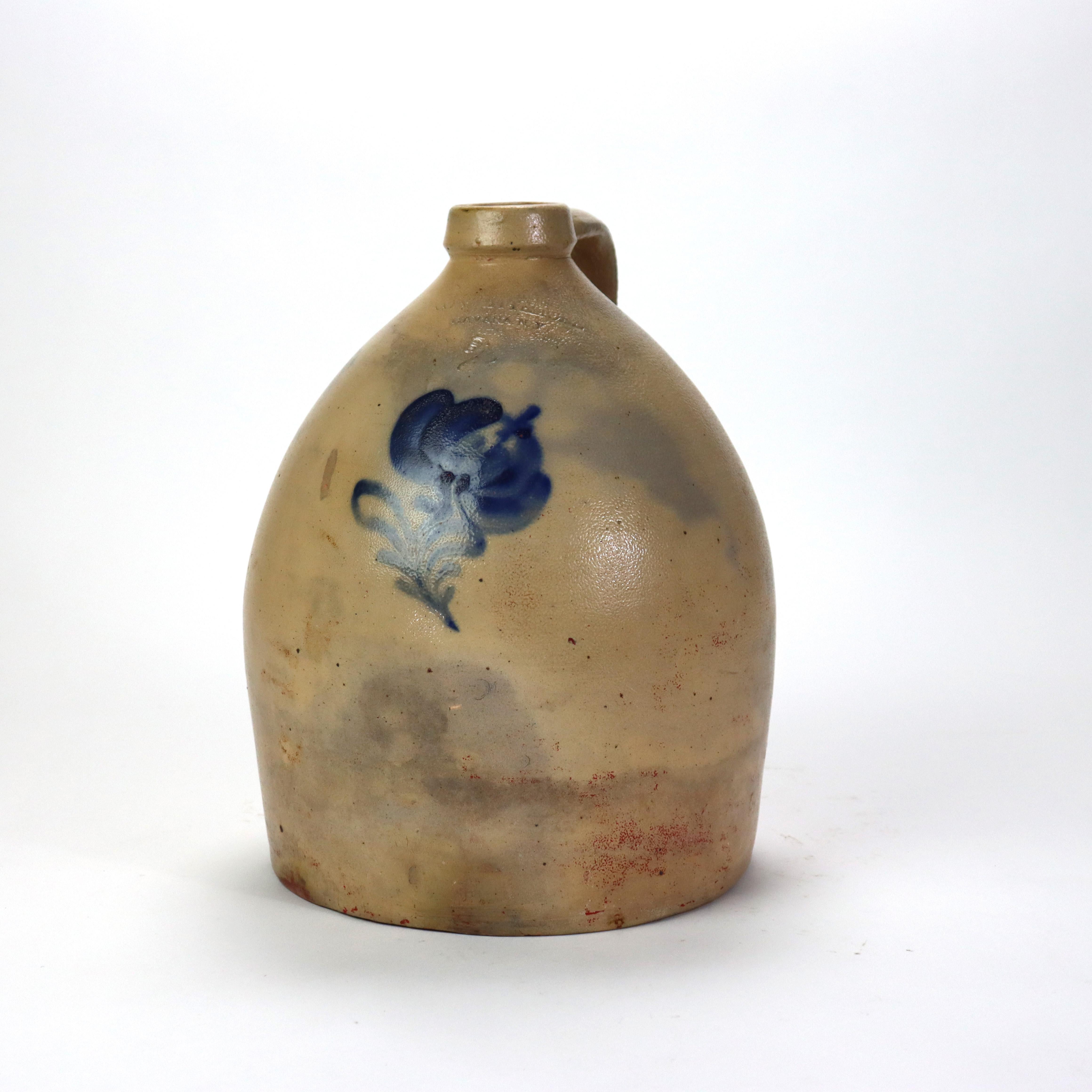 Ancienne cruche en grès décoré bleu de A. O. Whitemore, Havana NY, vers 1890 (13