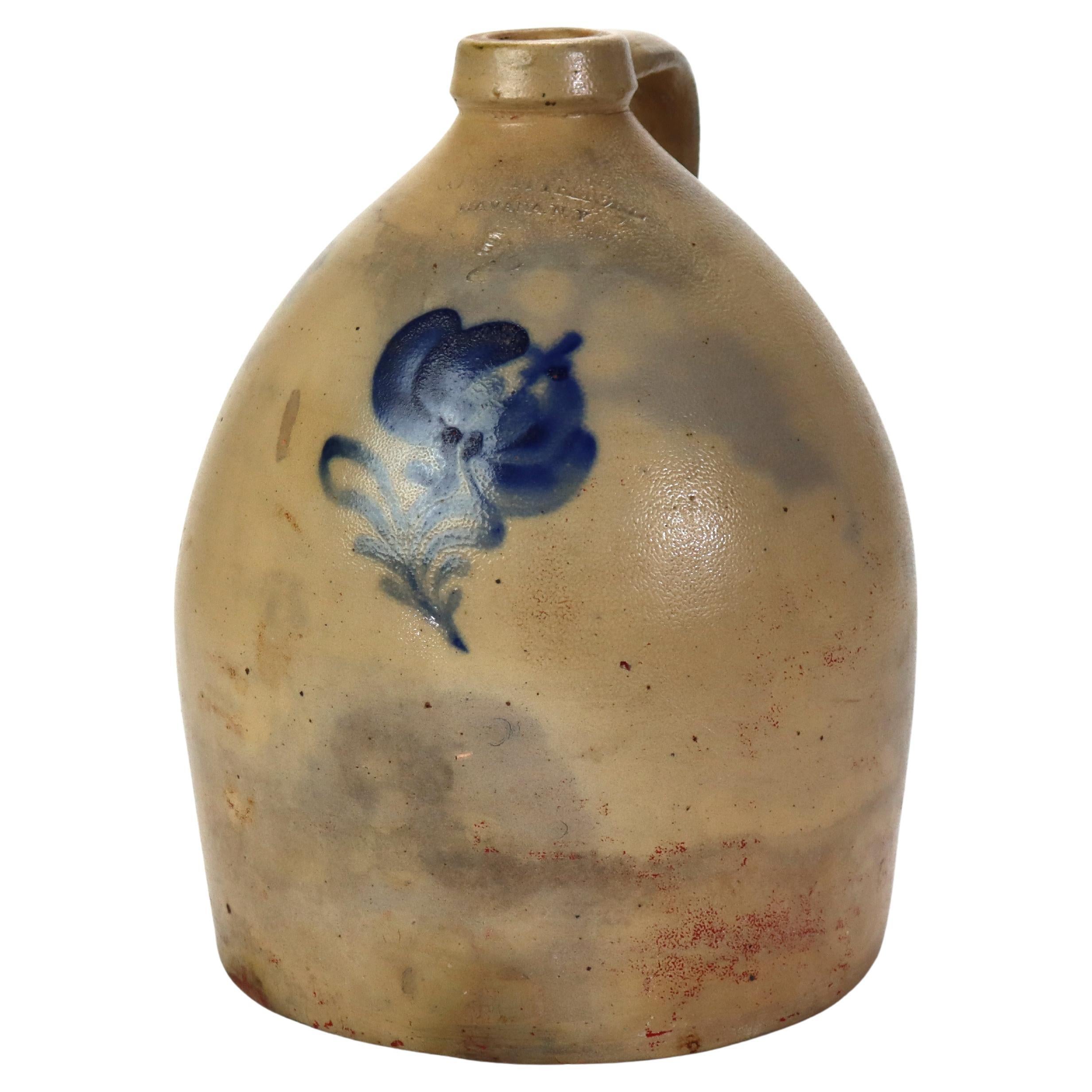 Ancienne cruche en grès décoré bleu de A. O. Whitemore, Havana NY, vers 1890 en vente