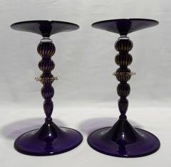 Antique A Pair of Blue Murano Glass Candle Sticks Signed