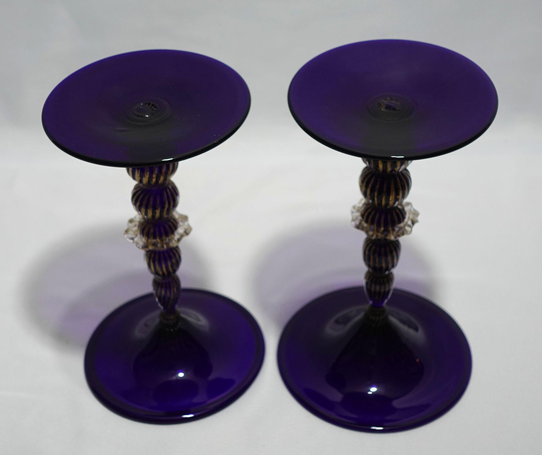 Italian Antique A Pair of Blue Murano Glass Candle Sticks Signed For Sale