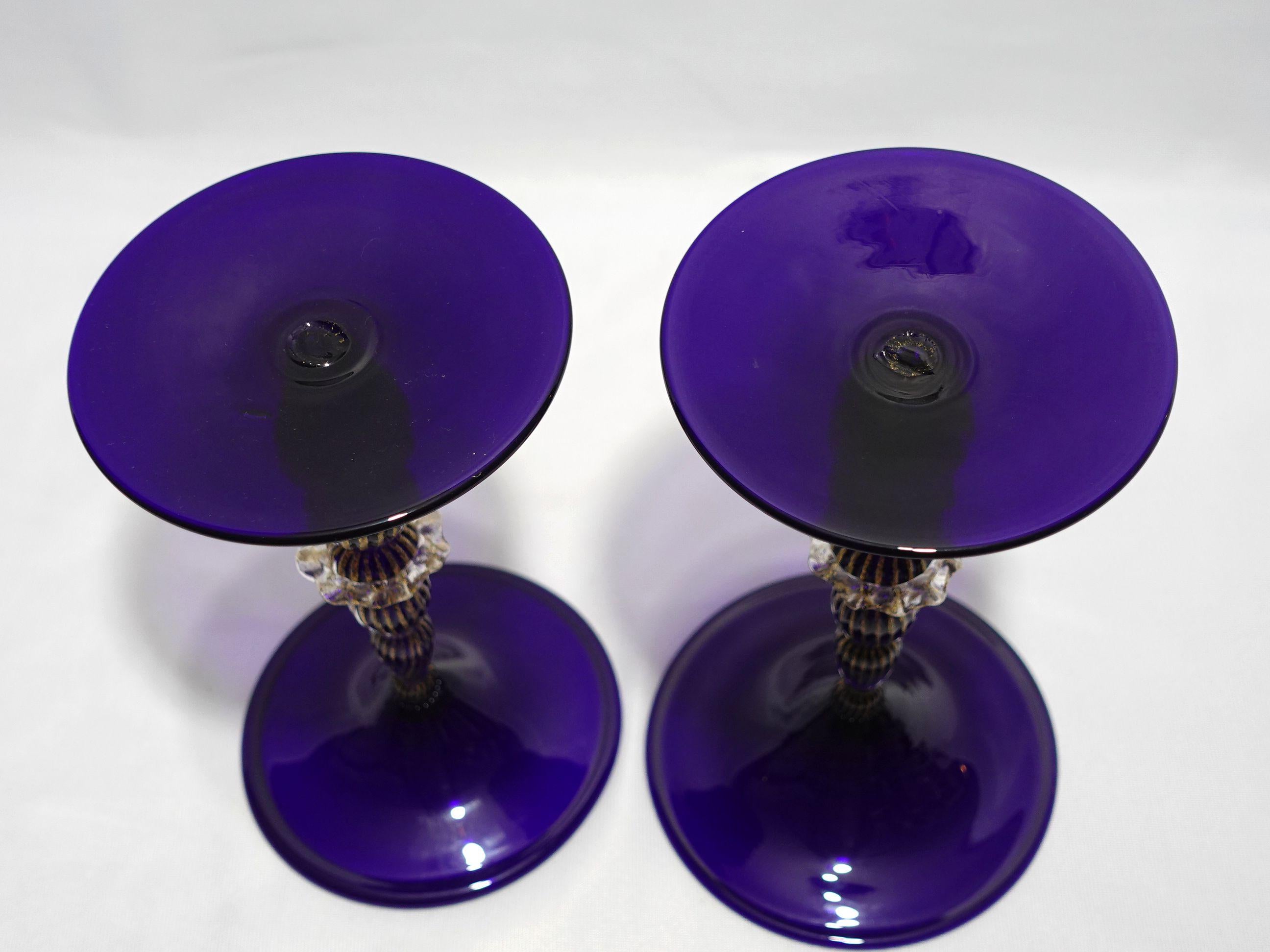 Early 20th Century Antique A Pair of Blue Murano Glass Candle Sticks Signed For Sale