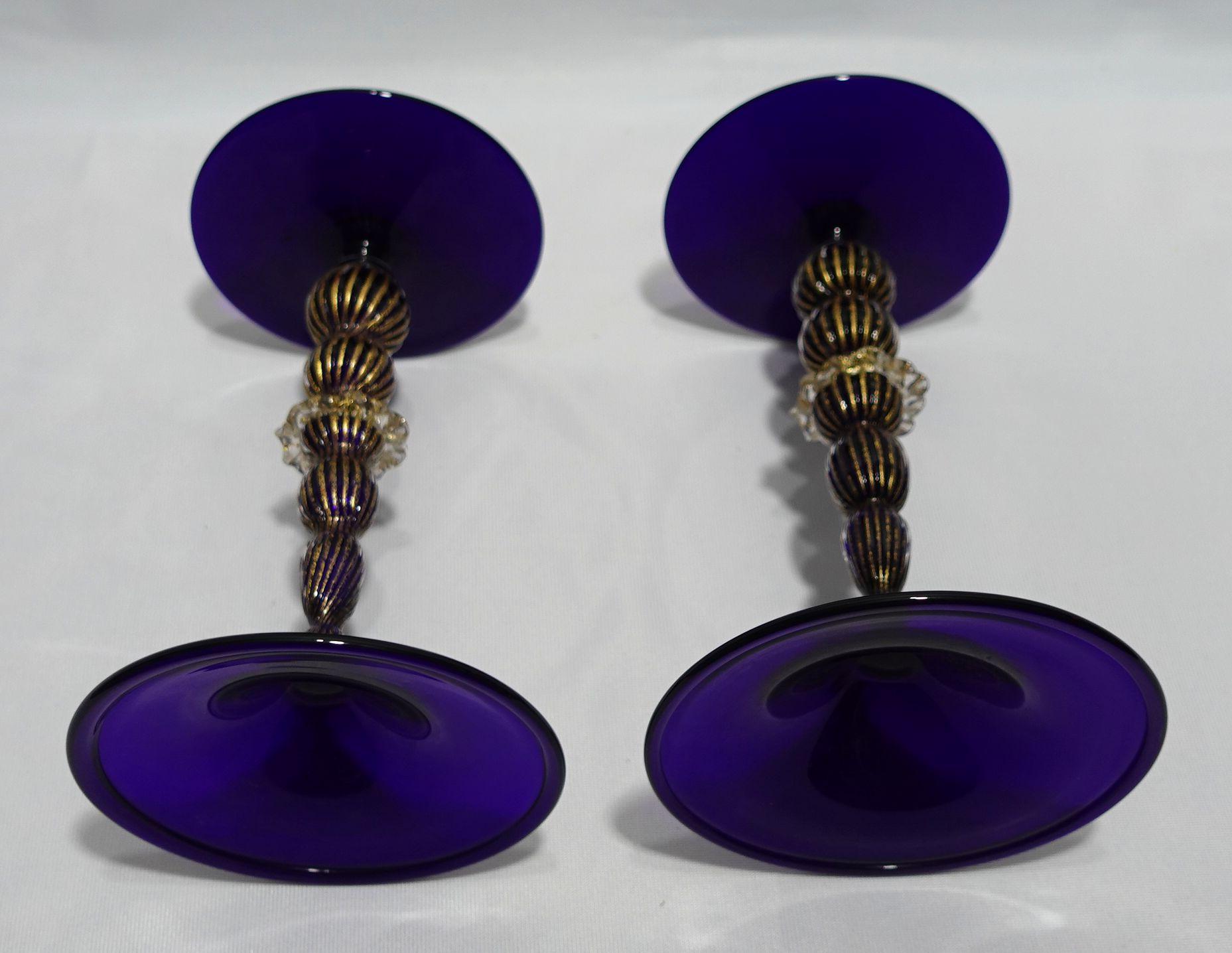 Antique A Pair of Blue Murano Glass Candle Sticks Signed For Sale 2